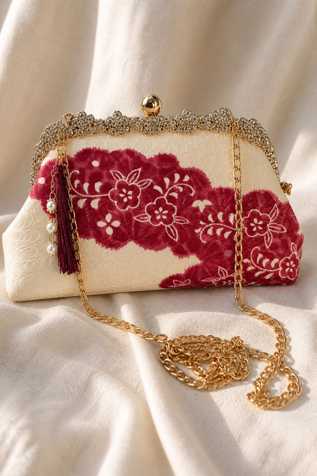 Benizakura Clutch — Katazome silk kimono, crimson sakura on cream