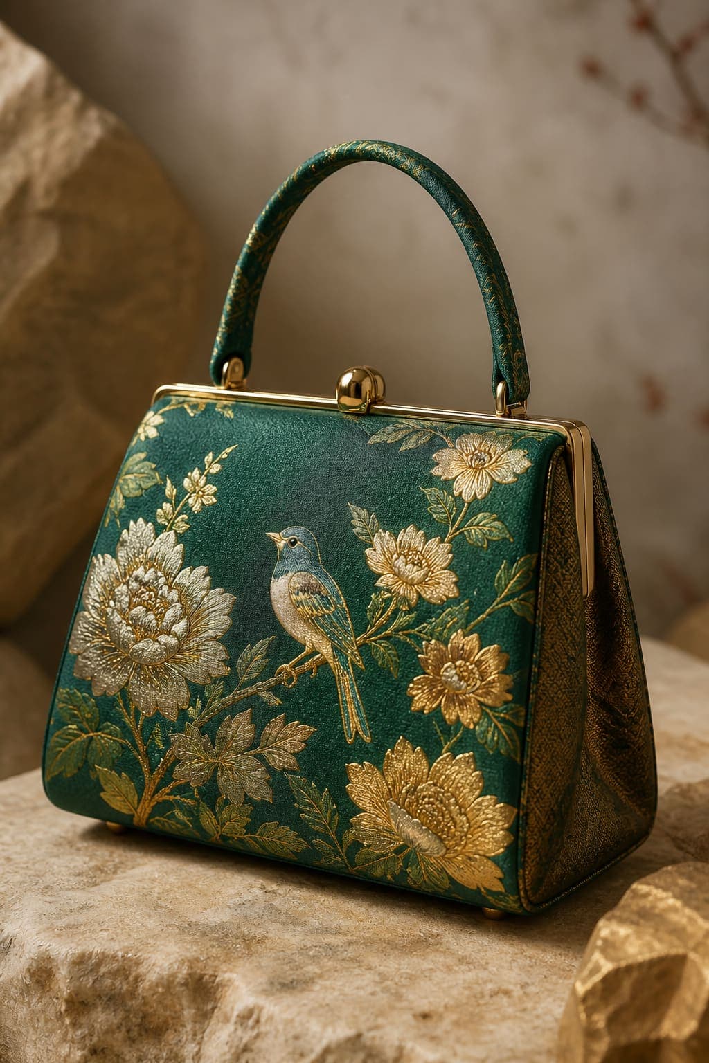 Kacho Purse — Emerald and gold kacho-ga obi