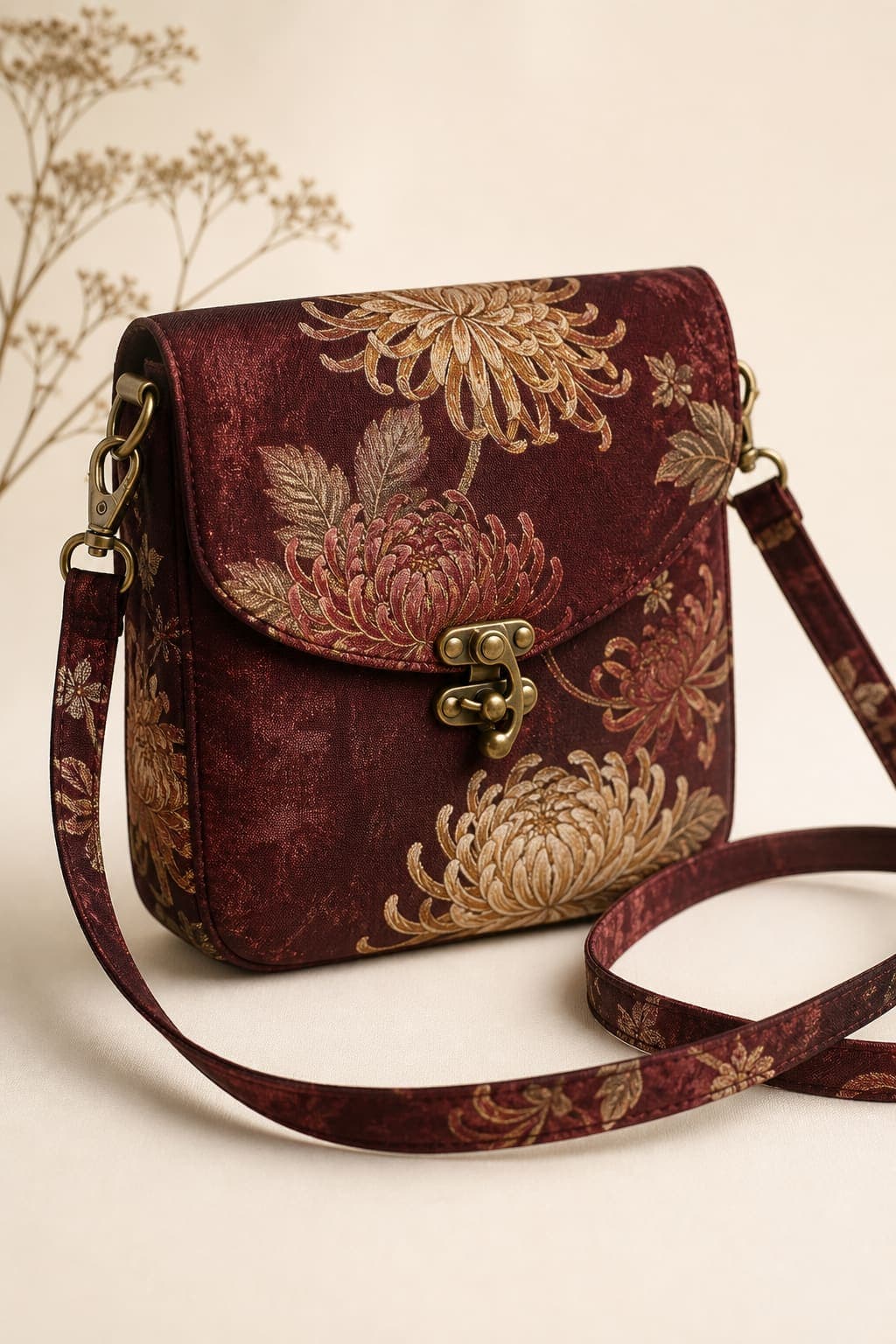 Kiku Crossbody — Burgundy kimono silk, chrysanthemum motif