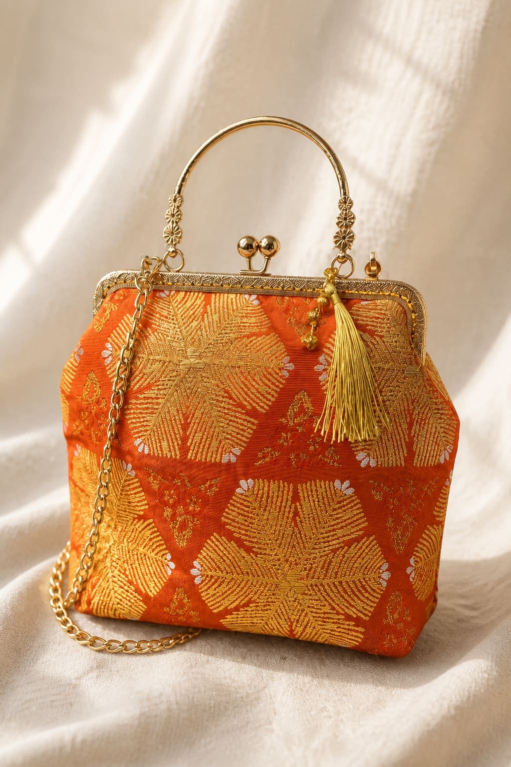 Nishijin Clutch — Vintage Nishijin obi, gold starburst brocade