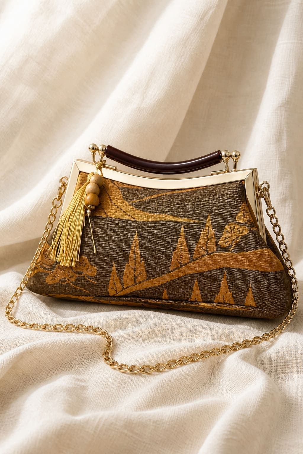 Matsukaze Clutch — Vintage obi, gold pine landscape on brown