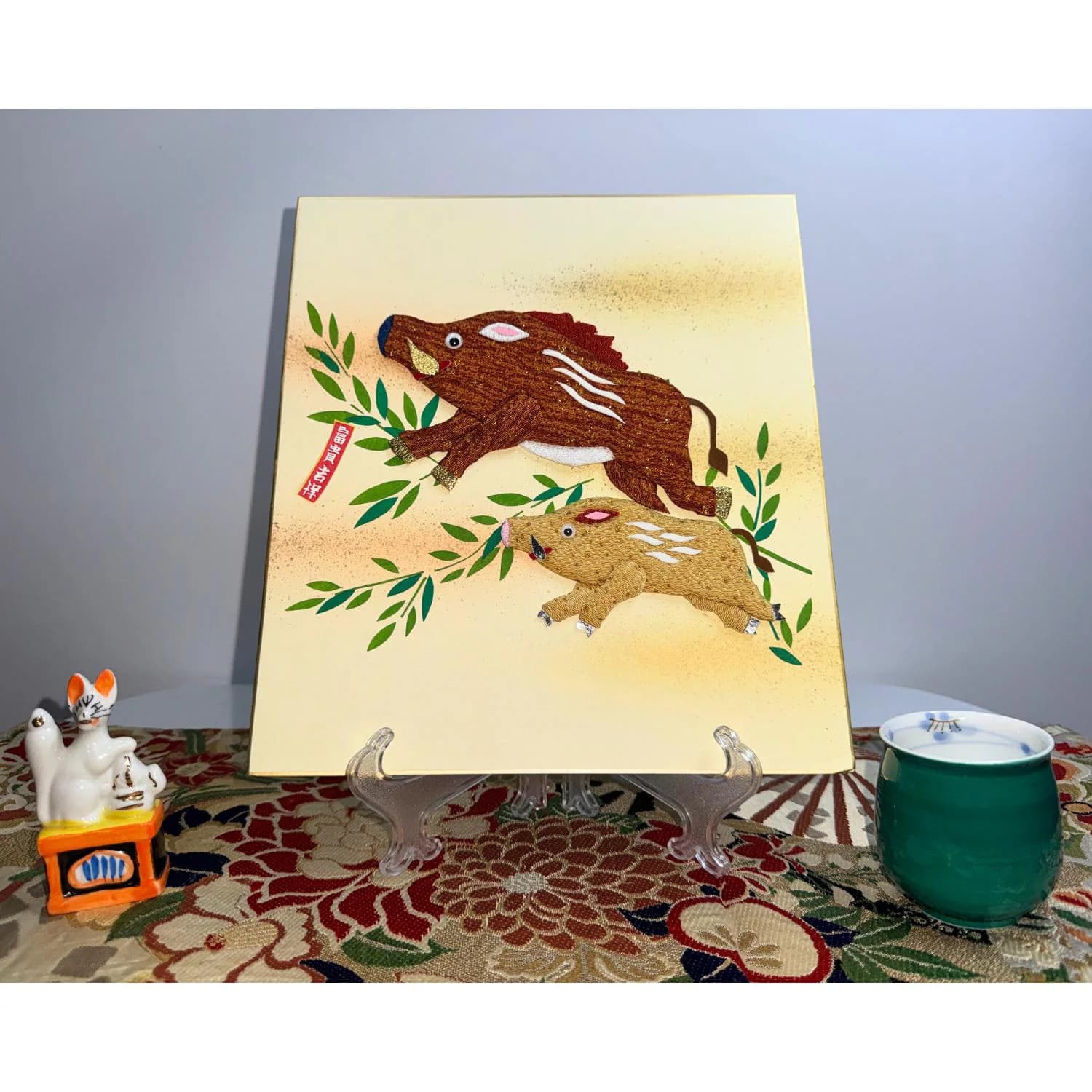 Japanese Oshie Pig Boar Handmade Applique Art