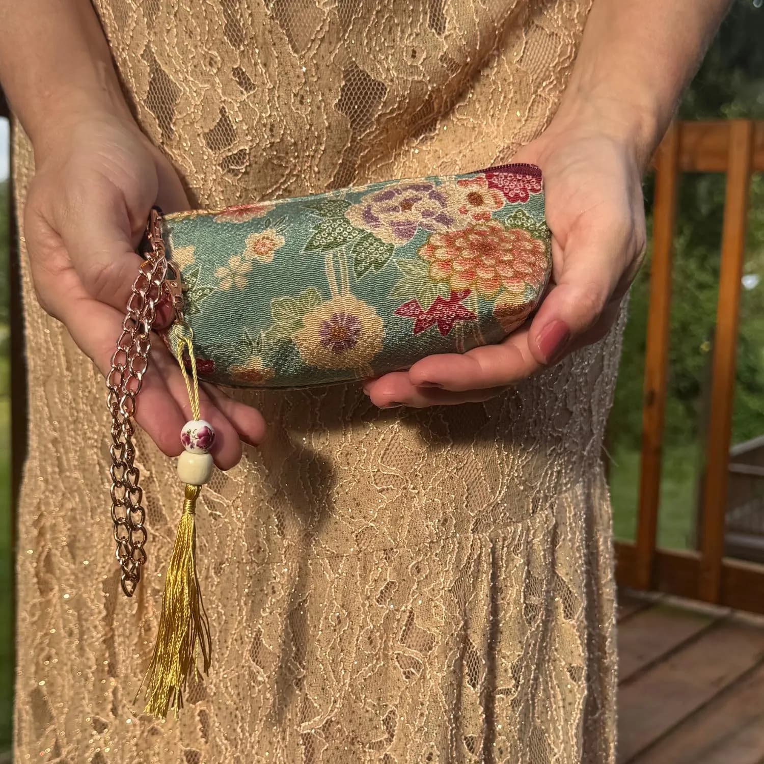 Japanese Makeup Bag Pouch Kimono Teal Floral Fabric Kyoto Zipper Wristlet