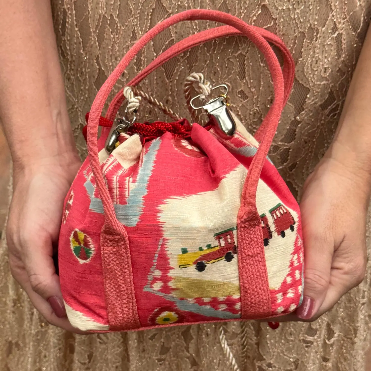 Japanese Kinchaku Purse Kimono Fabric Kyoto Drawstring Coral Toy Pattern