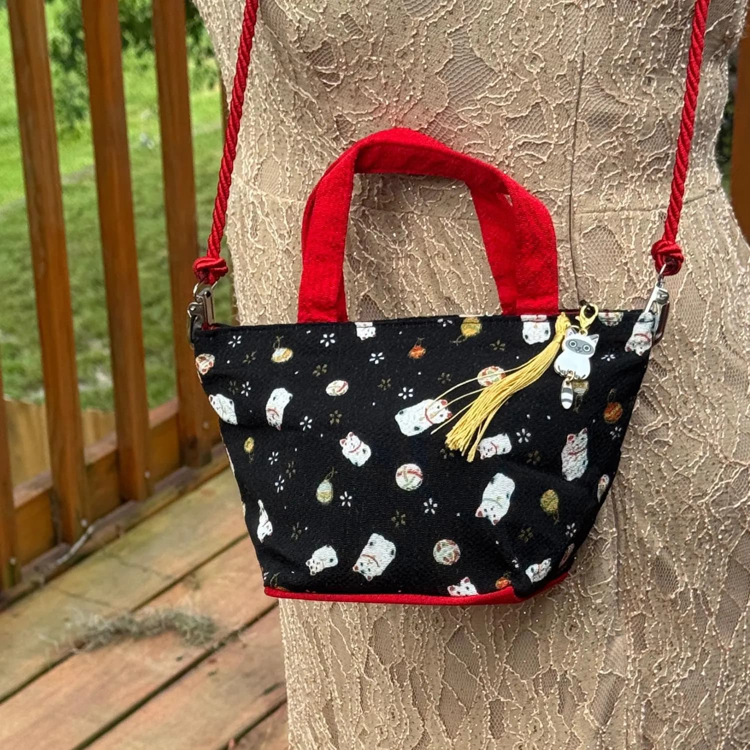 Japanese Tote Bag Purse Lucky Cat Black Kimono Fabric Kyoto