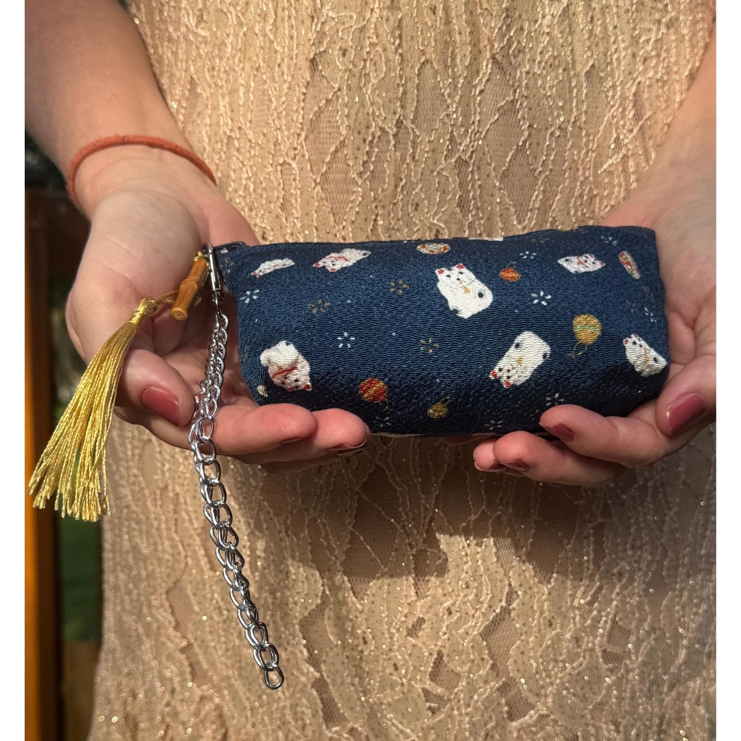 Japanese Makeup Bag Pouch Lucky Cat Navy Blue Kimono Fabric Kyoto Zipper