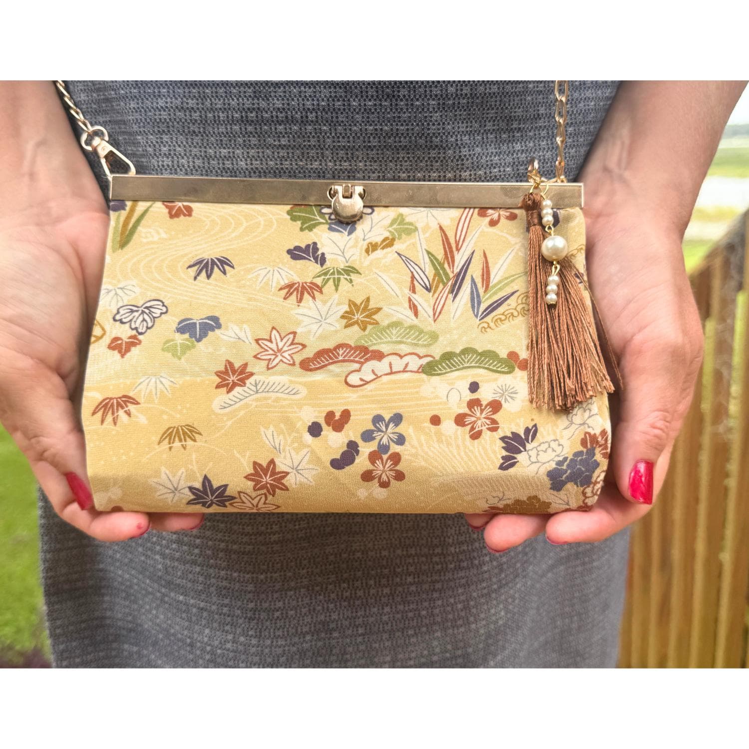 Kimono Silk Clutch, Japanese Upcycled Purse, Four Seasons Floral Evening Bag,  Crossbody Chain