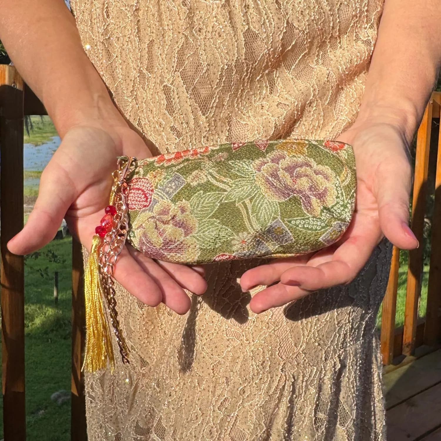 Japanese Makeup Bag Pouch Green Floral Kimono Fabric Kyoto Zipper
