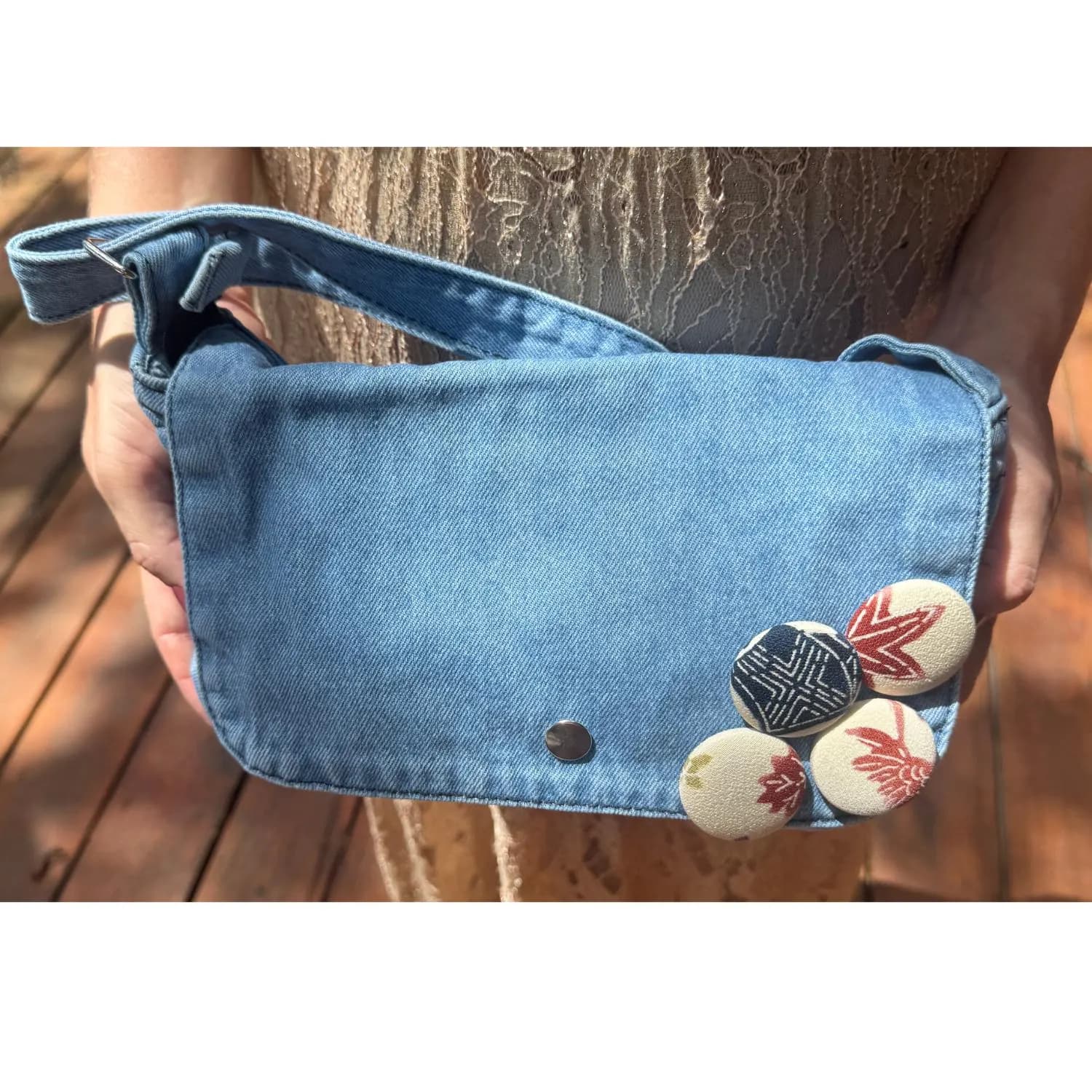 Denim Shoulder Crossbody Bag Purse, Japanese Kimono Silk Buttons