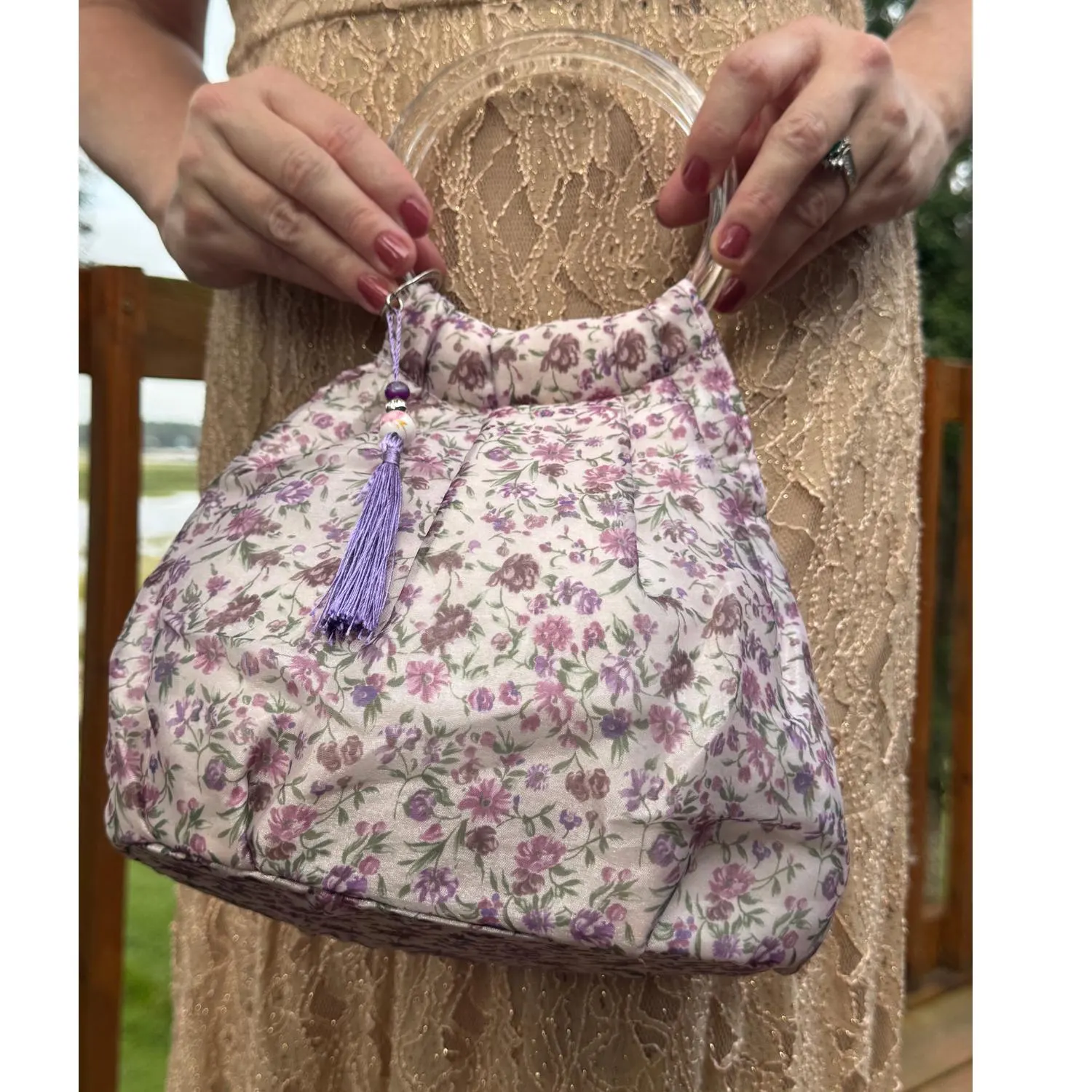 Japanese Acrylic Ring Bag Purse Pink Purple Floral Kyoto