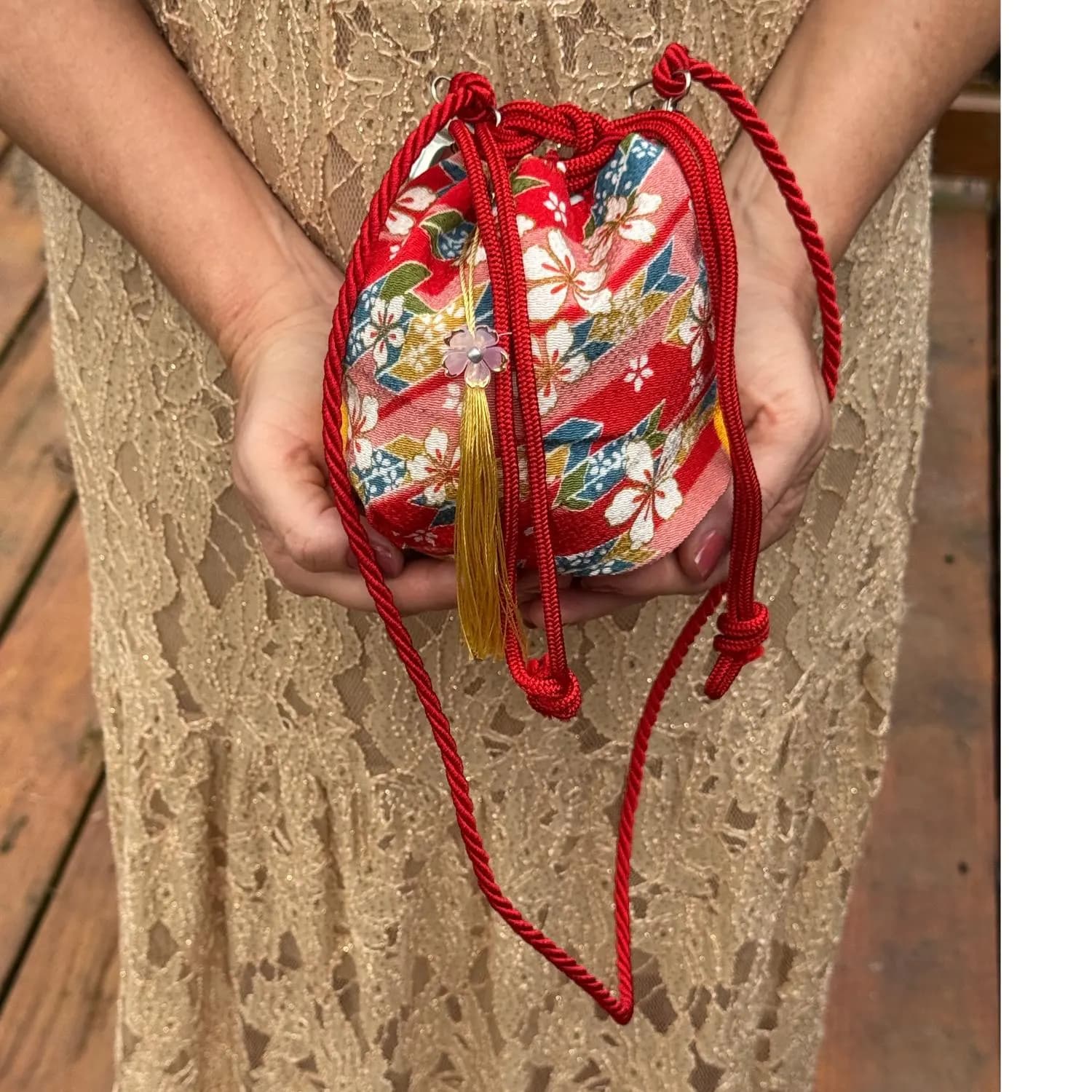 Japanese Kinchaku Purse Red Sakura Kimono Fabric Kyoto Drawstring