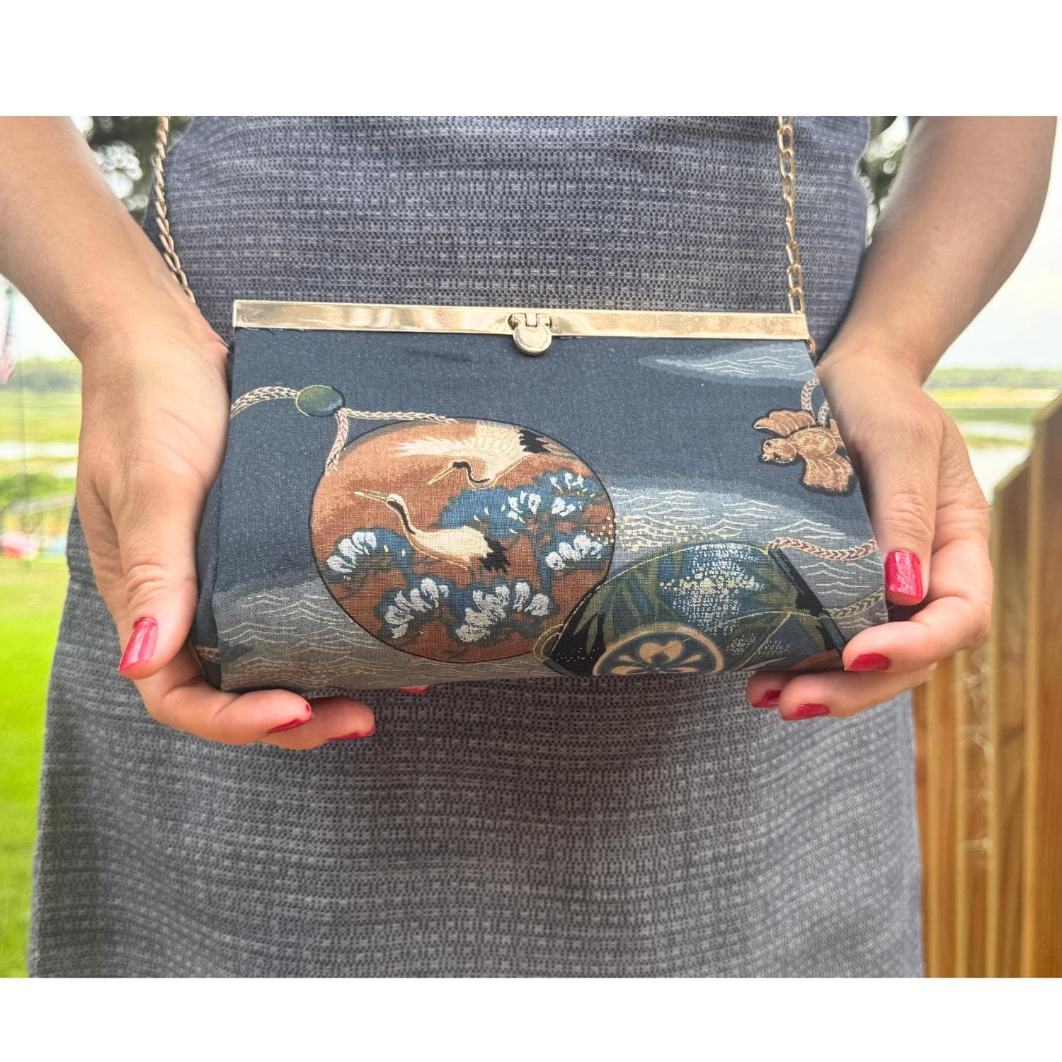 Japanese Crane Fabric Clutch, Navy Blue Tsuru Minogame Auspicious Purse, Gold Bar Frame Bag