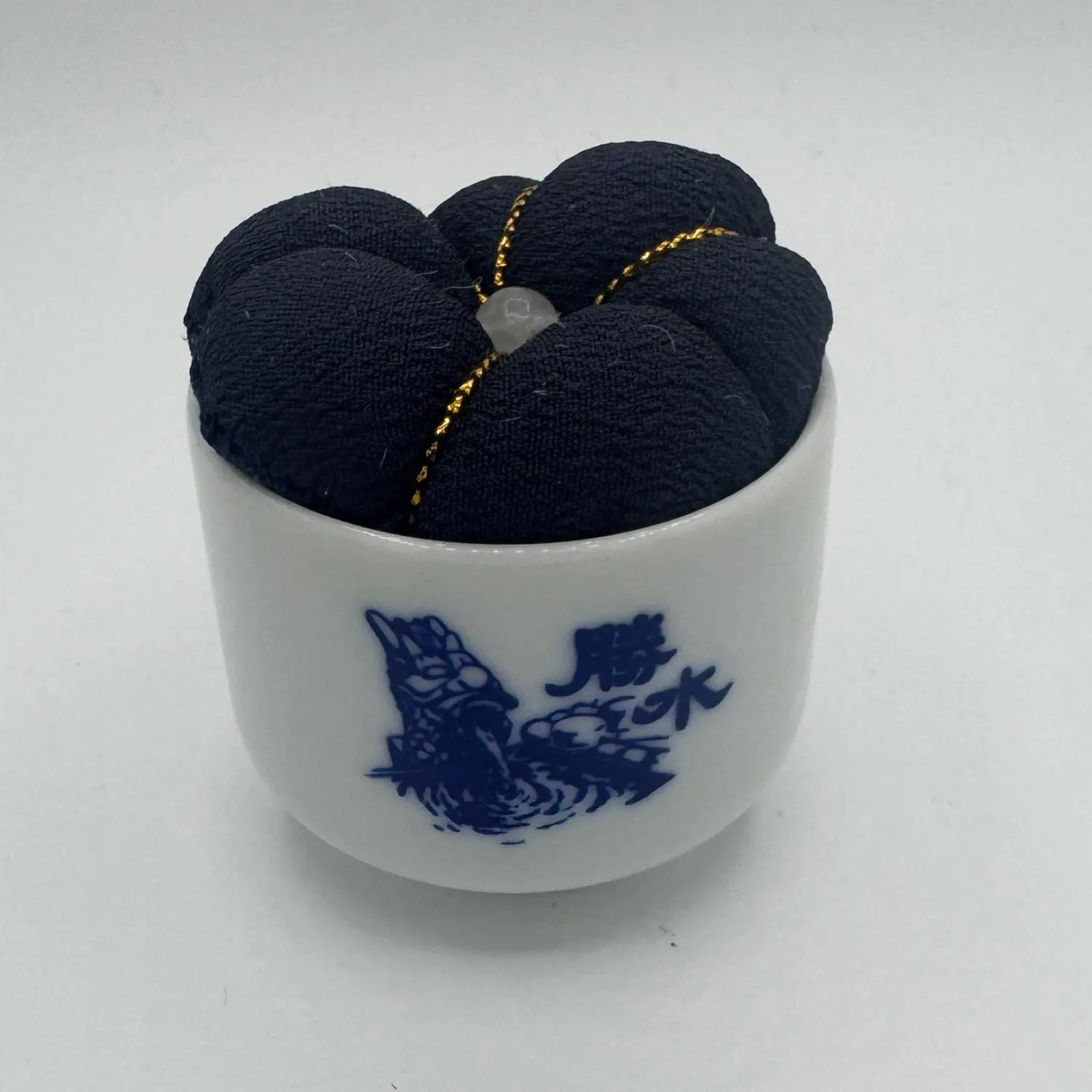 Vintage Kyoto Sake Cup Pincushion, Fushimi Ceramic Pin Cushion, Navy Blue Japanese Kimono Silk