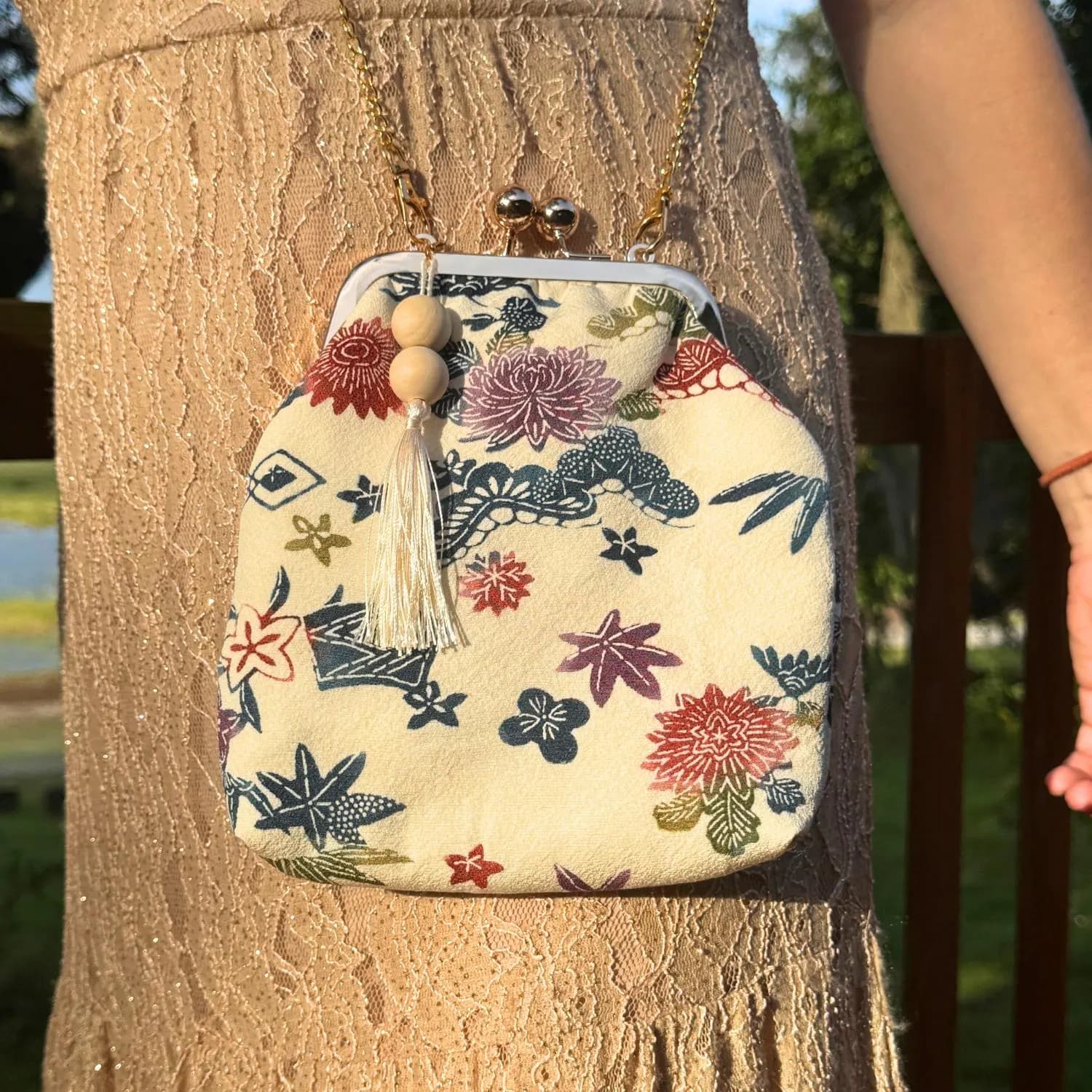 Kyoto Silk Kimono Phone Purse, Kiss Lock Clutch, Vintage Chrysanthemum Maple Leaf Autumn Fabric Bag