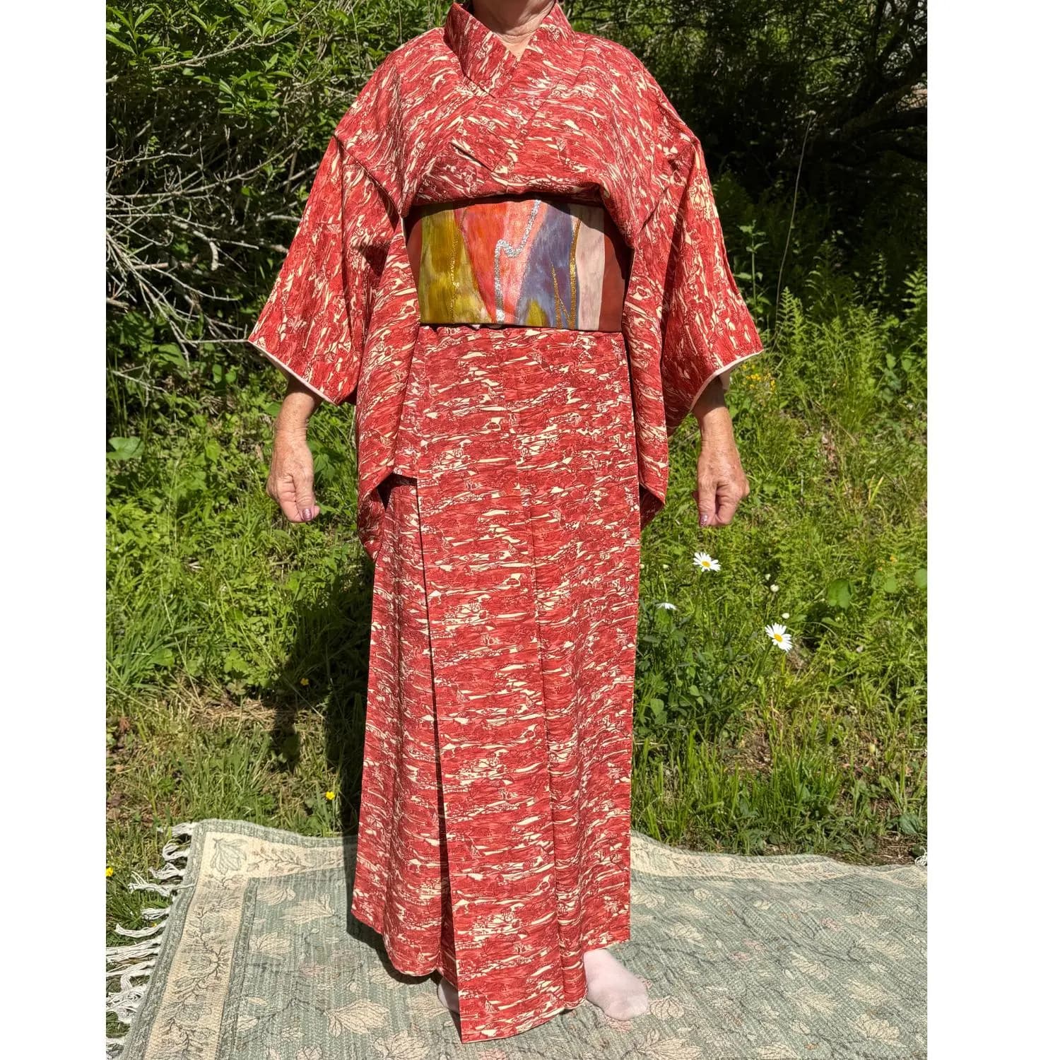 Chirimen Silk Women's Kimono from Japan Orange Sansu Design