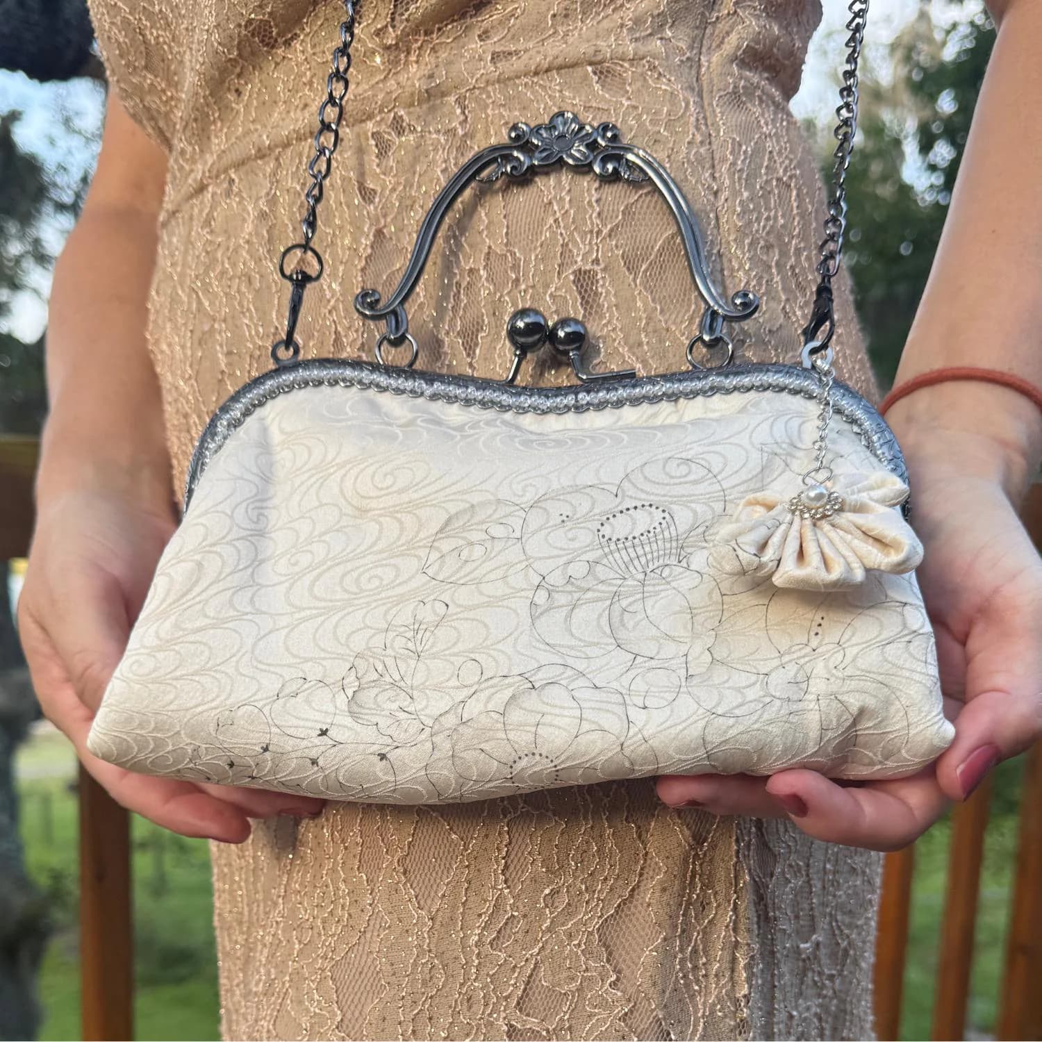 Cream Silk Kimono Bag with Hand-Sewn Beads, Vintage Upcycled Japanese Purse, Kanzashi Flower Kiss Lock Clutch, Evening Bag