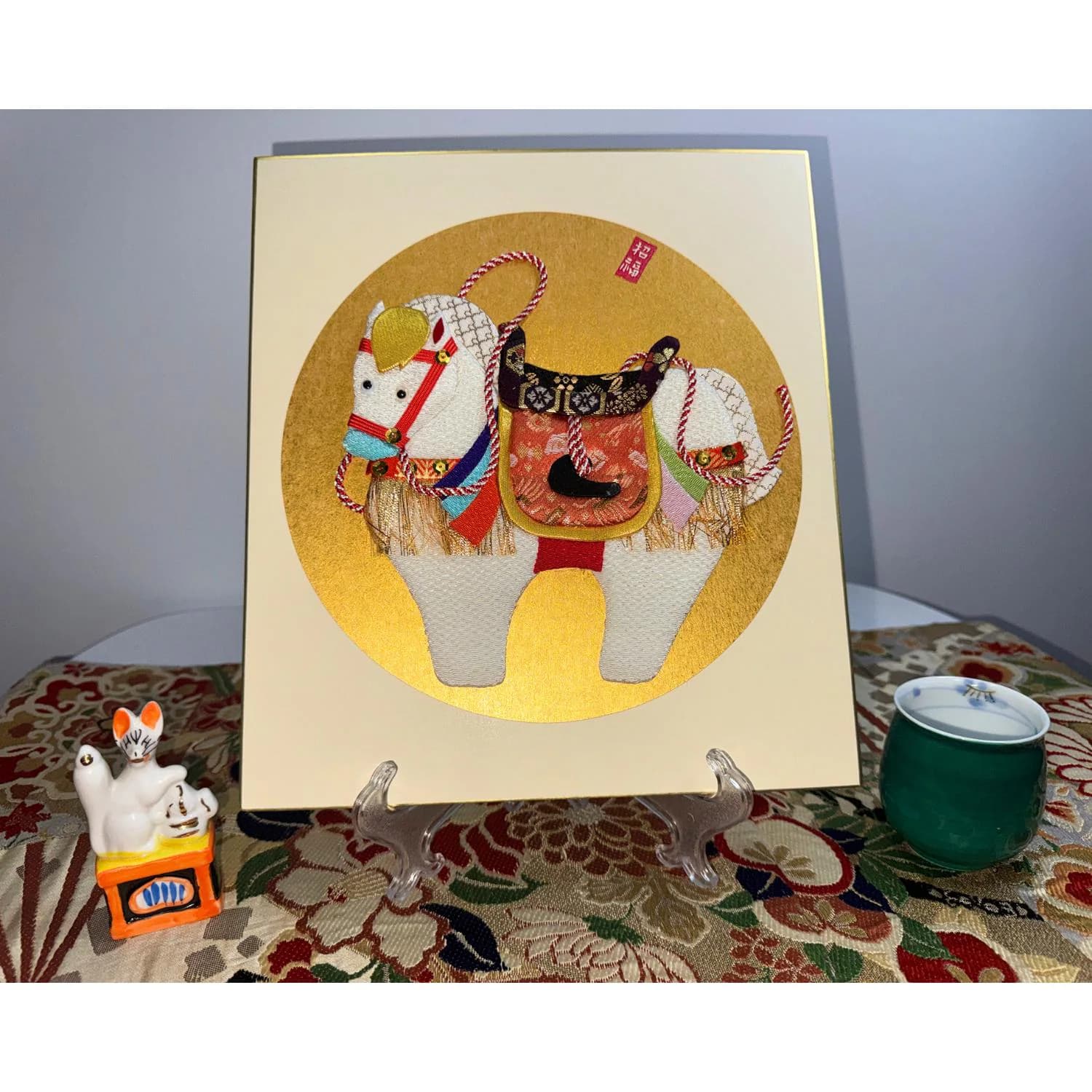 Japanese Oshie White Horse Handmade Applique Art