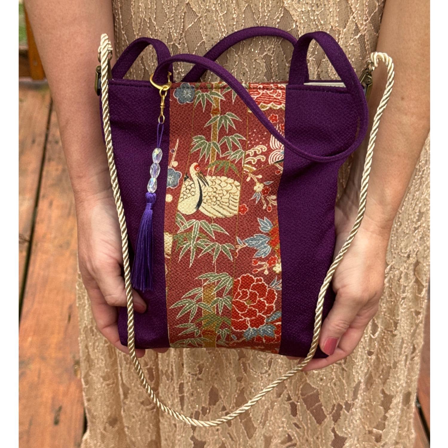 Japanese Tote Bag Purse Chirimen Silk Purple Crane Kimono Fabric Kyoto