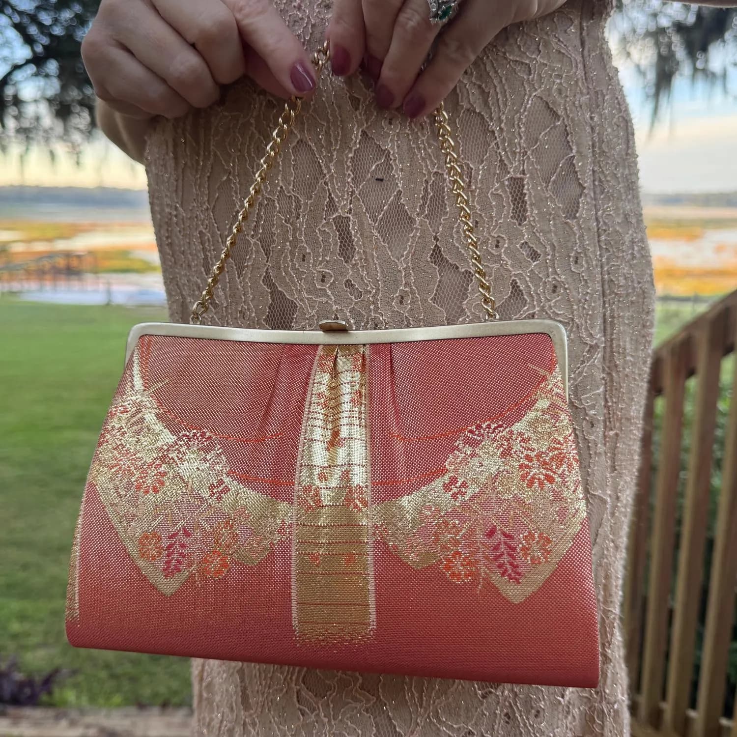 Japanese Clutch Bag Purse Burnt Orange Gold Nishijin