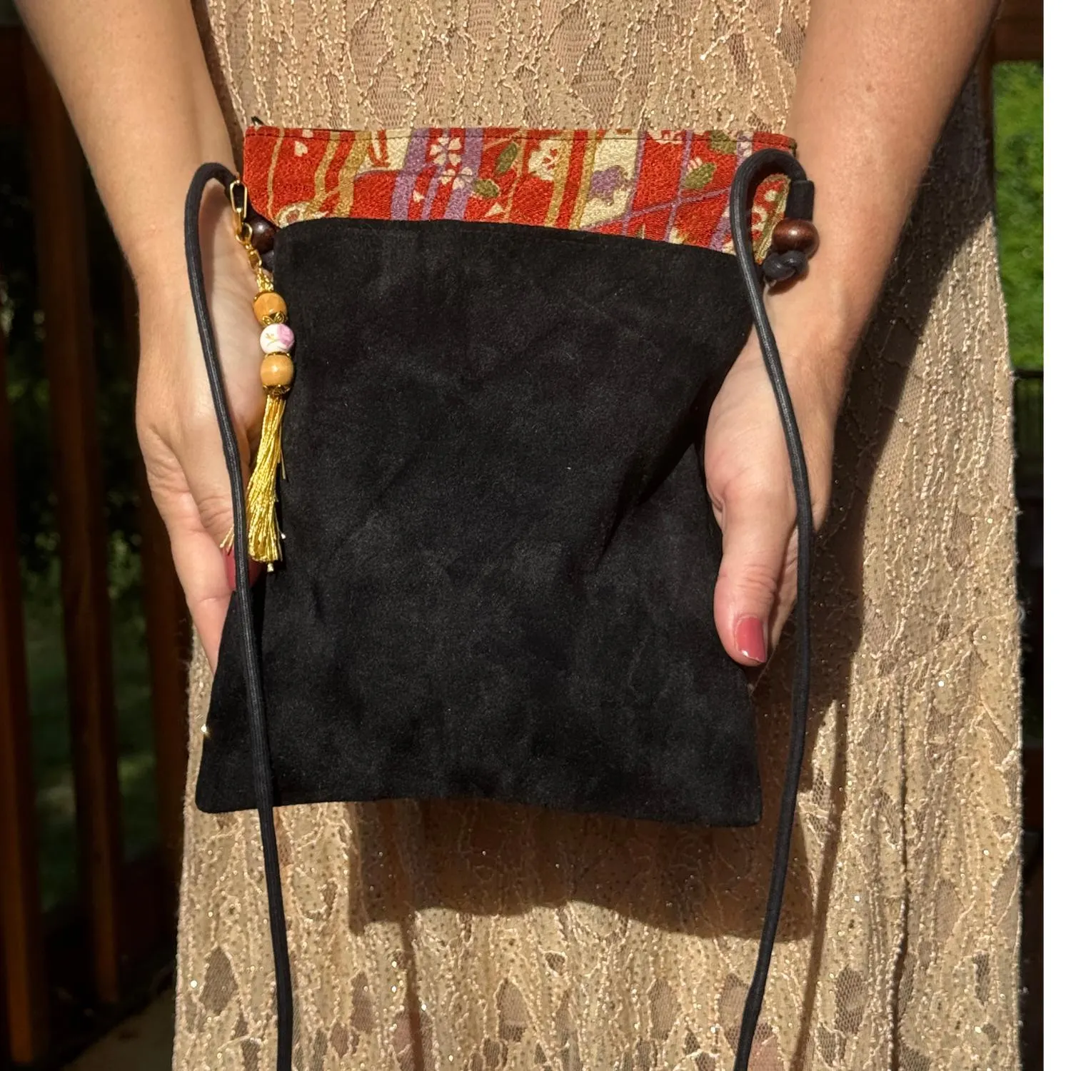 Japanese Tote Bag Purse Kimono Fabric Kyoto Sueded Rust