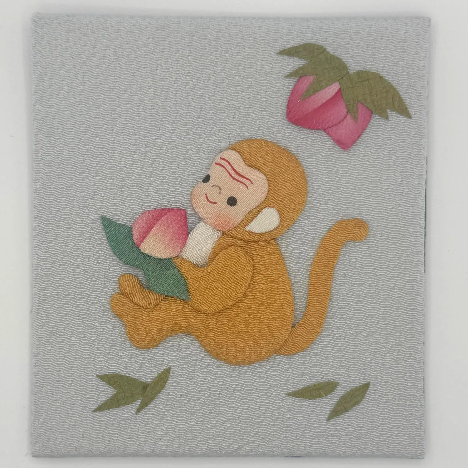 Japanese Oshie Monkey Handmade Applique Art Zodiac Wall Art Peach
