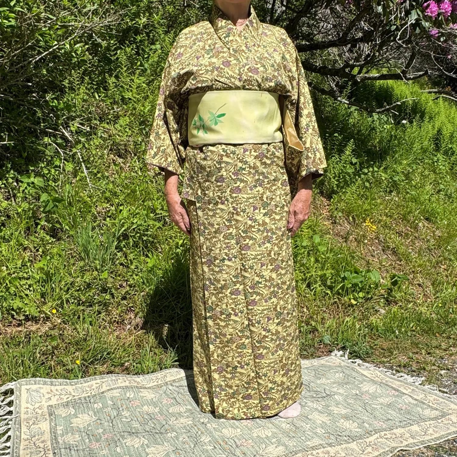 Chirimen Crepe Silk Women's Kimono from Japan Green Leaves Design