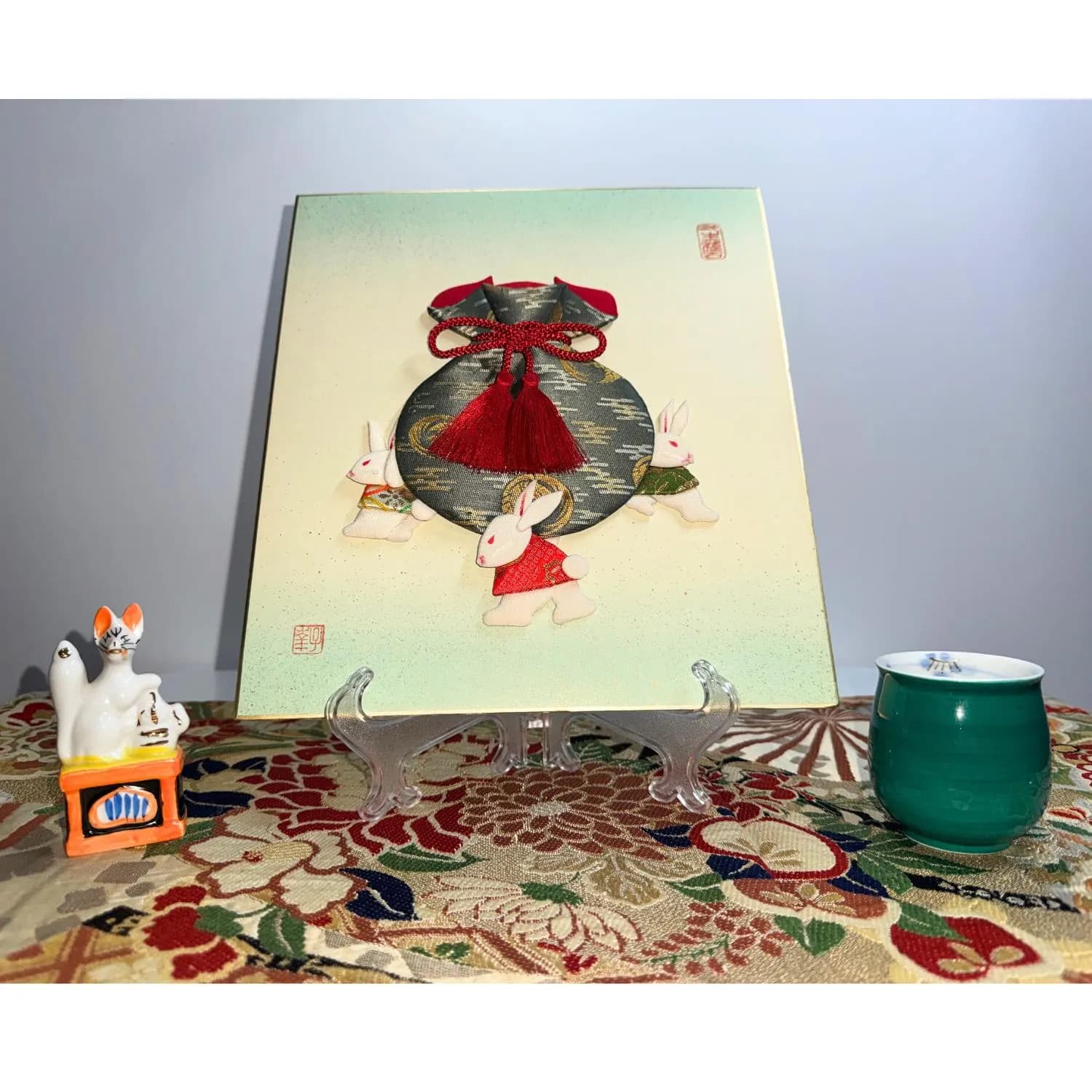 Japanese Oshie Rabbits Handmade Applique Art