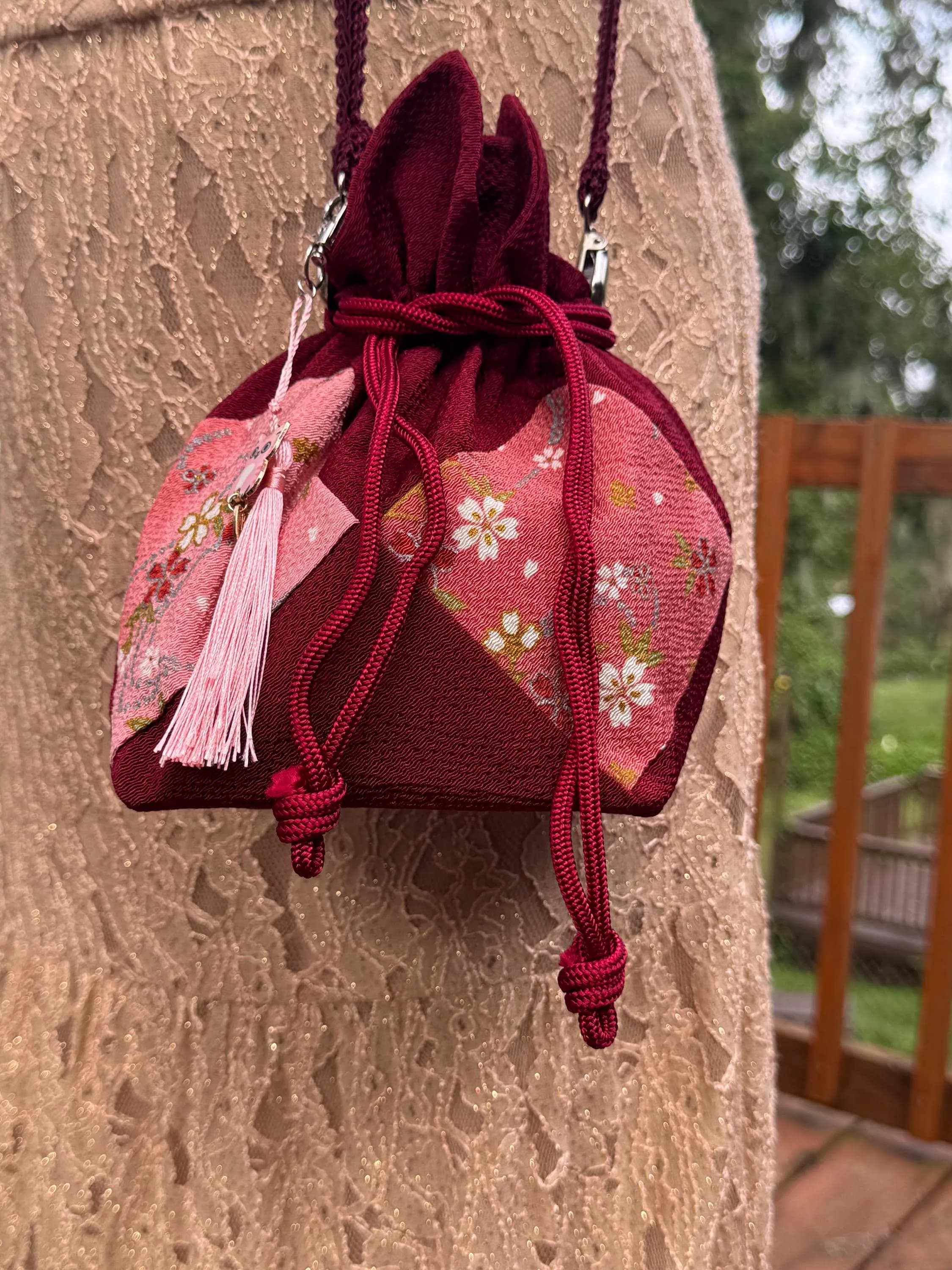 Japanese Lotus Kinchaku Purse Pink Sakura Kimono Fabric Kyoto Drawstring Shiawase Burgundy