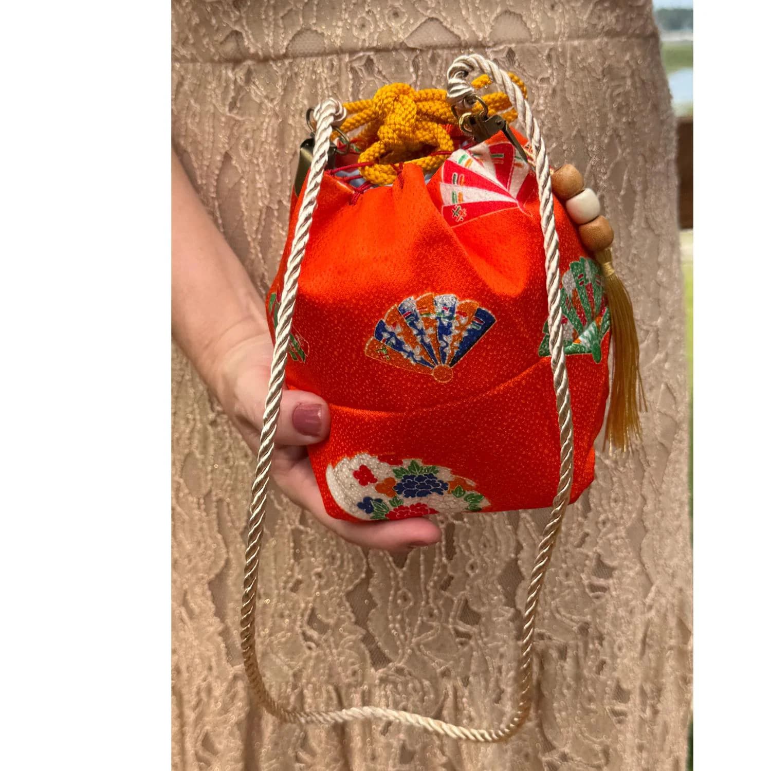 Japanese Kinchaku Purse Orange Fan Kimono Fabric Kyoto Drawstring