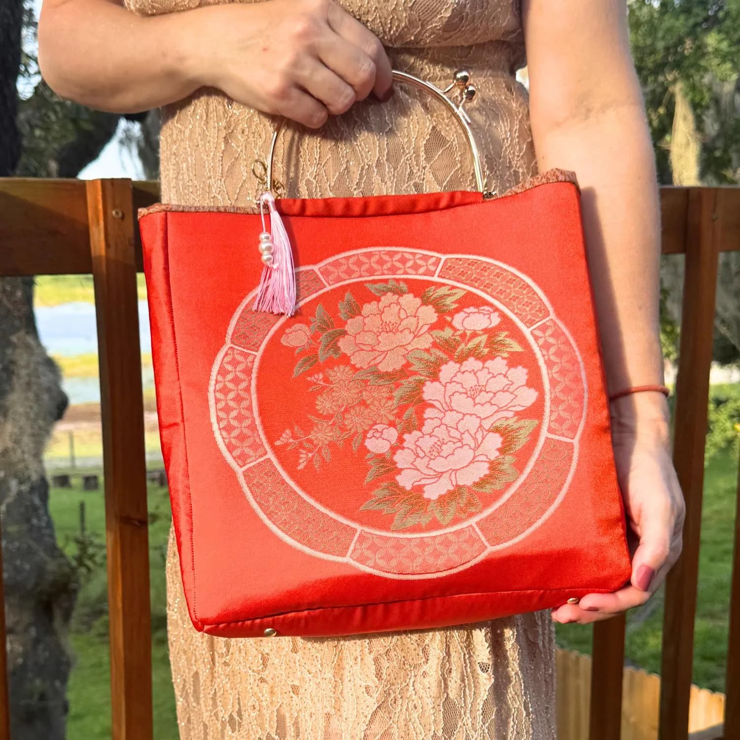 Kinbotan Tote Silk Obi Bag with Gold Peony Crest, Handcrafted Japanese Kimono Purse, Kiss Lock Closure
