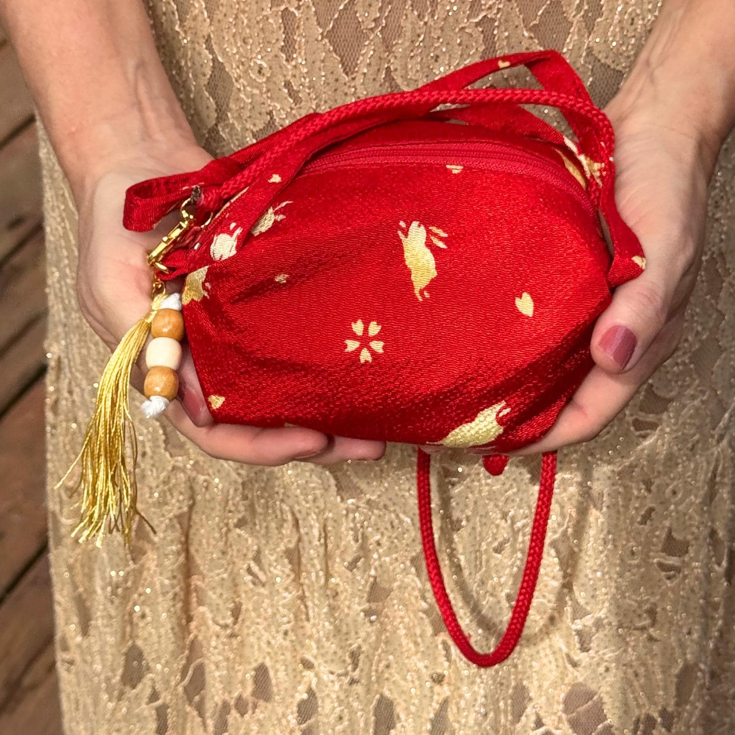 Japanese Makeup Bag Purse Red Rabbit Kimono Fabric Kyoto
