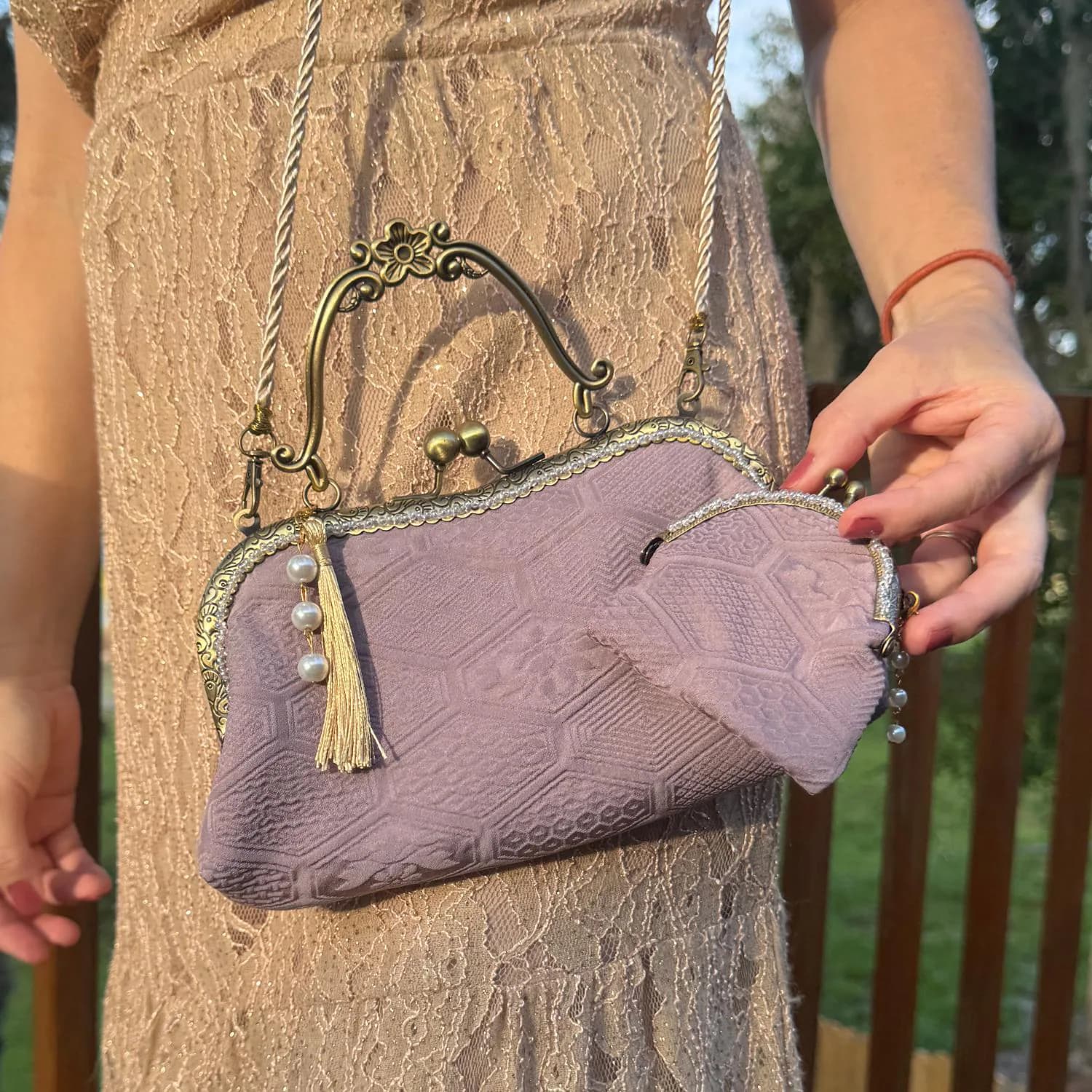 Fujiro Clutch Lavender Silk Kimono Bag 2 piece Set with Hand-Sewn Beads, Vintage Upcycled Japanese Purse, Kiss Lock, Evening Bag