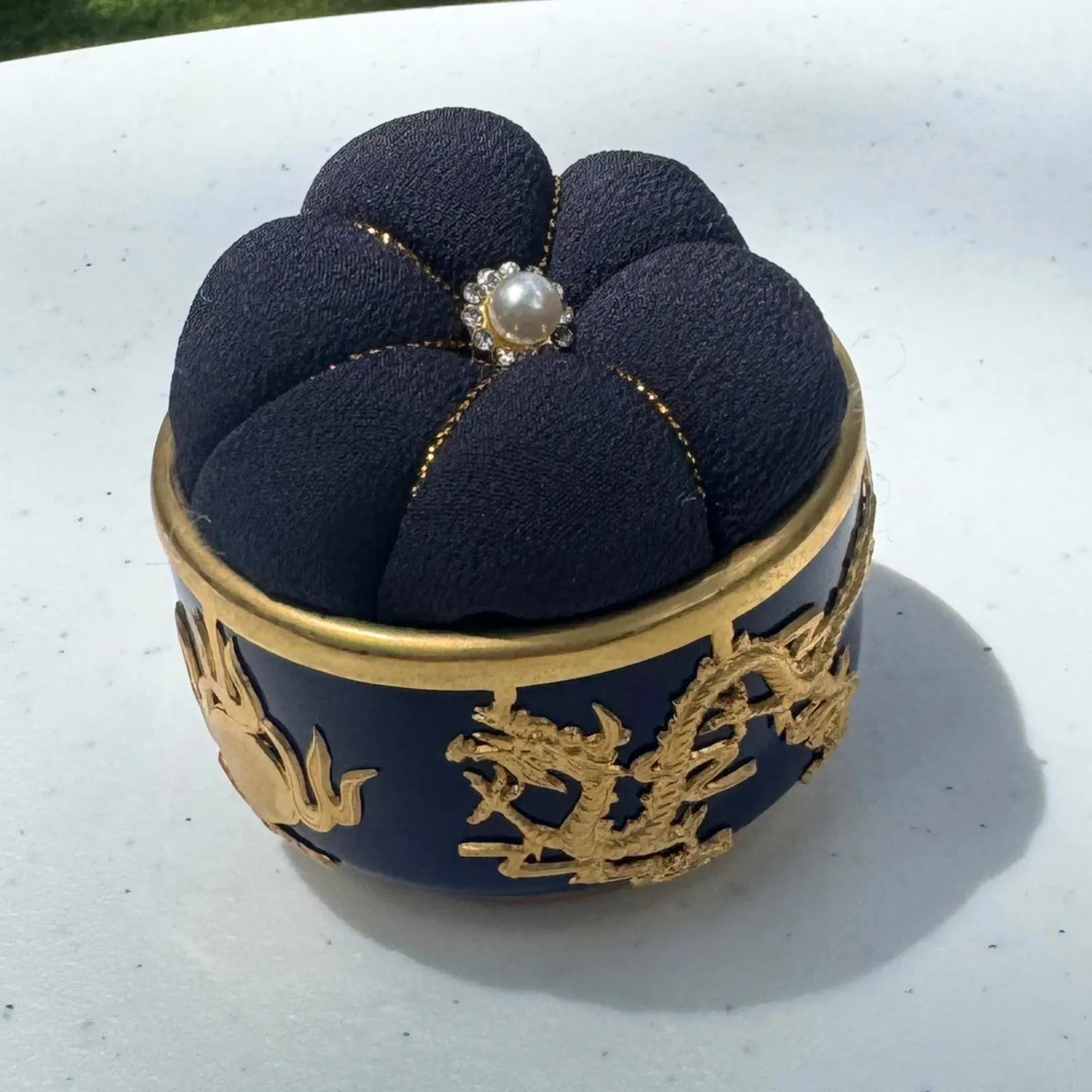 Luxury Japanese Silk Pincushion - Gold Dragon - Vintage Navy Blue Chirimen Silk Sewing