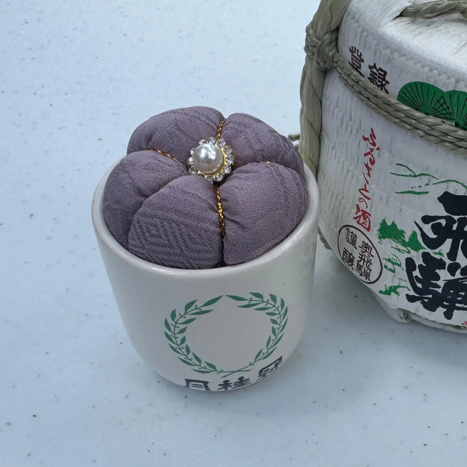 Vintage Kyoto Sake Cup Pincushion, Gekkeikan Ceramic Ochoko Pin Cushion, Lavender Japanese Kimono Silk
