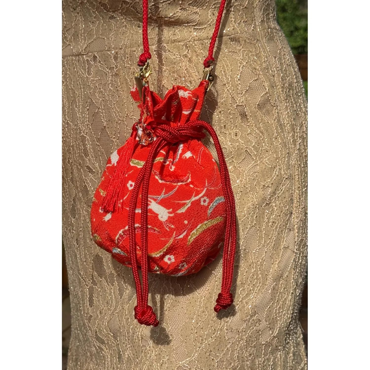 Japanese Kinchaku Purse Orange Rabbit Kimono Fabric Kyoto Drawstring