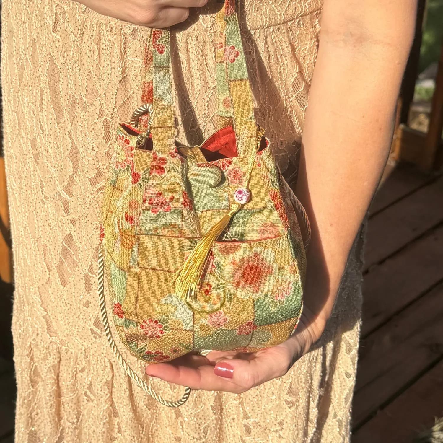 Japanese Tamago-gata Bag Purse Sakura Kiku Kimono Chirimen Silk Kyoto