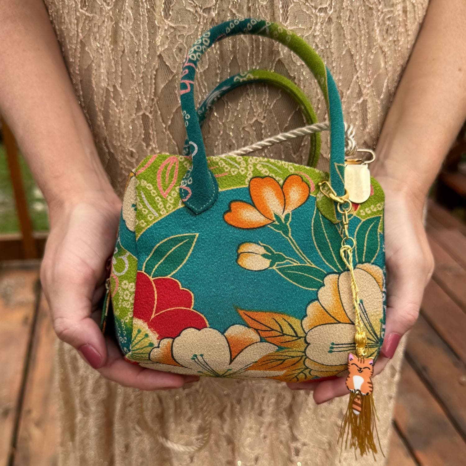 Japanese Tote Bag Purse Green Teal Floral Kimono Fabric Kyoto