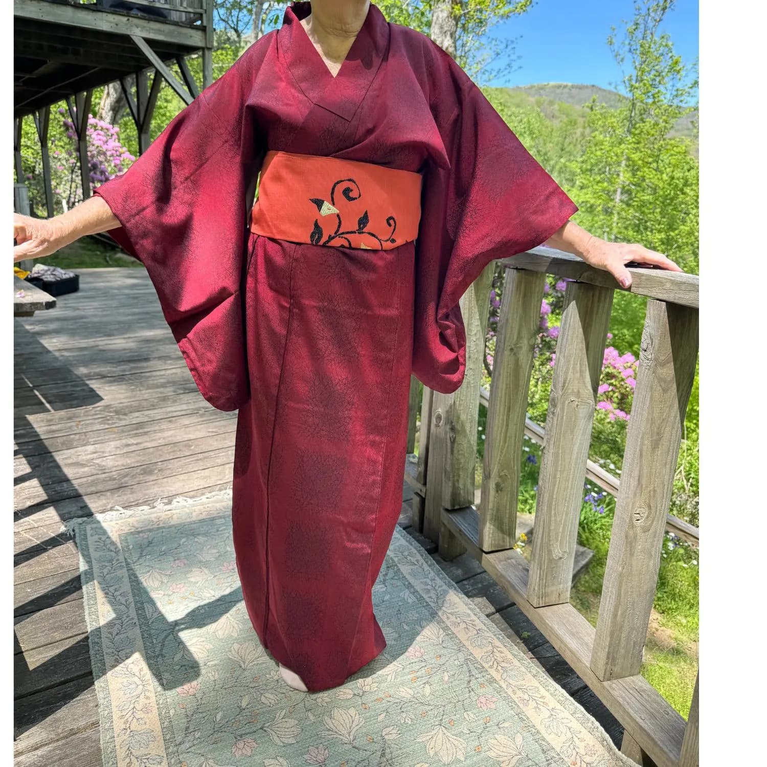 Burgundy Chirimen Silk Women's Kimono from Japan