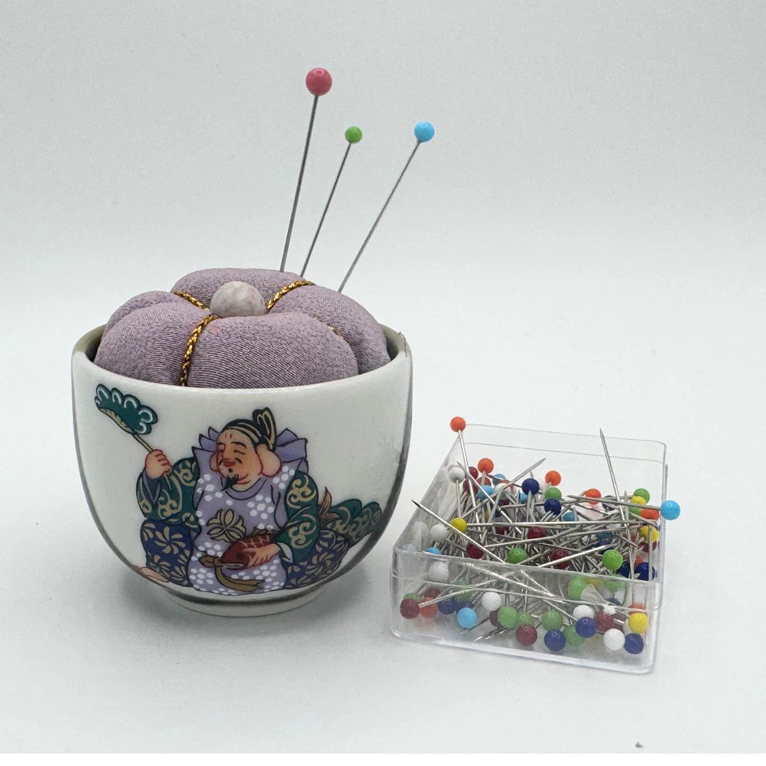 Vintage Kutani Sake Cup Pin Cushion: Chirimen Silk, Natural Stone Bead, Japanese Ochoko