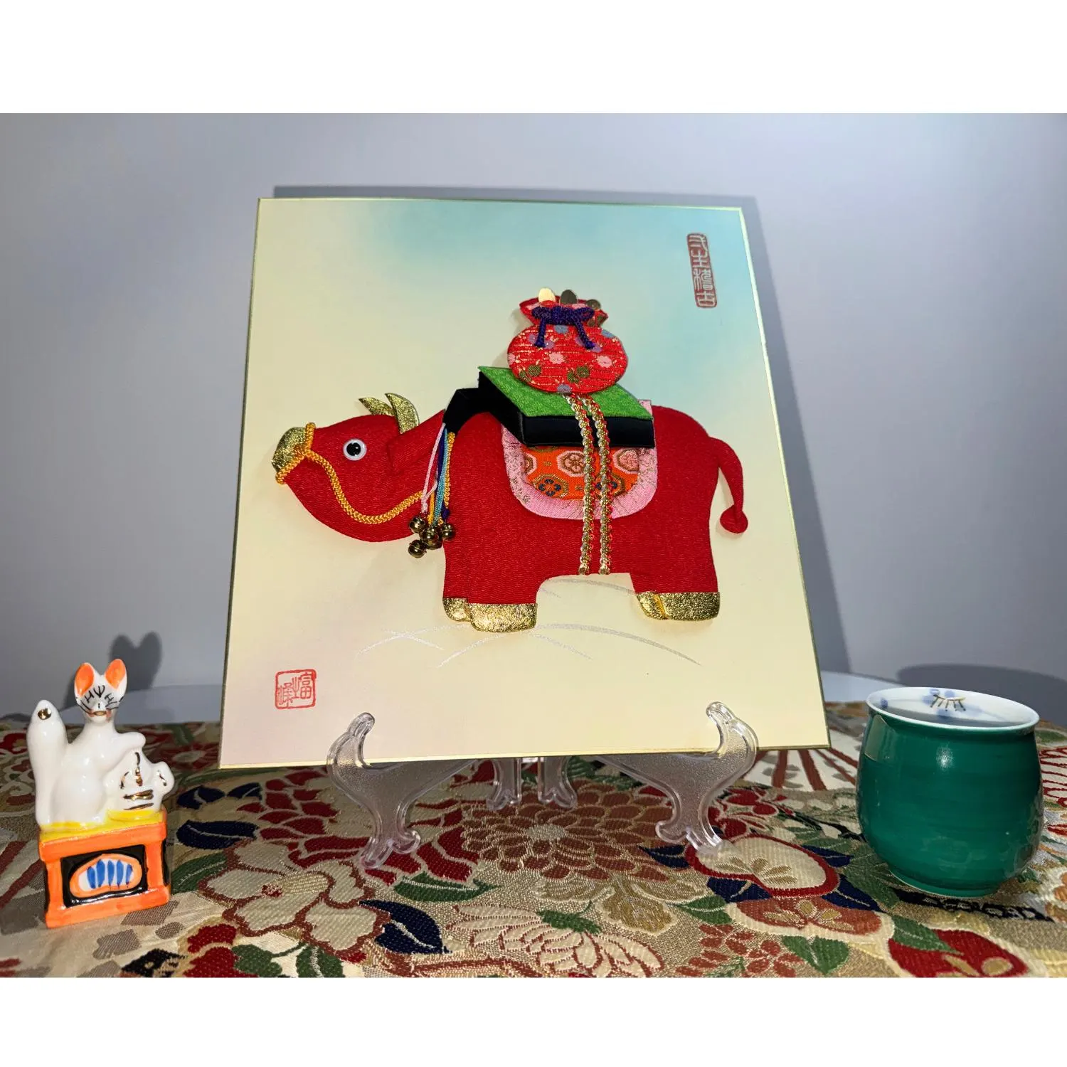 Japanese Oshie Bull Handmade Applique Art Red