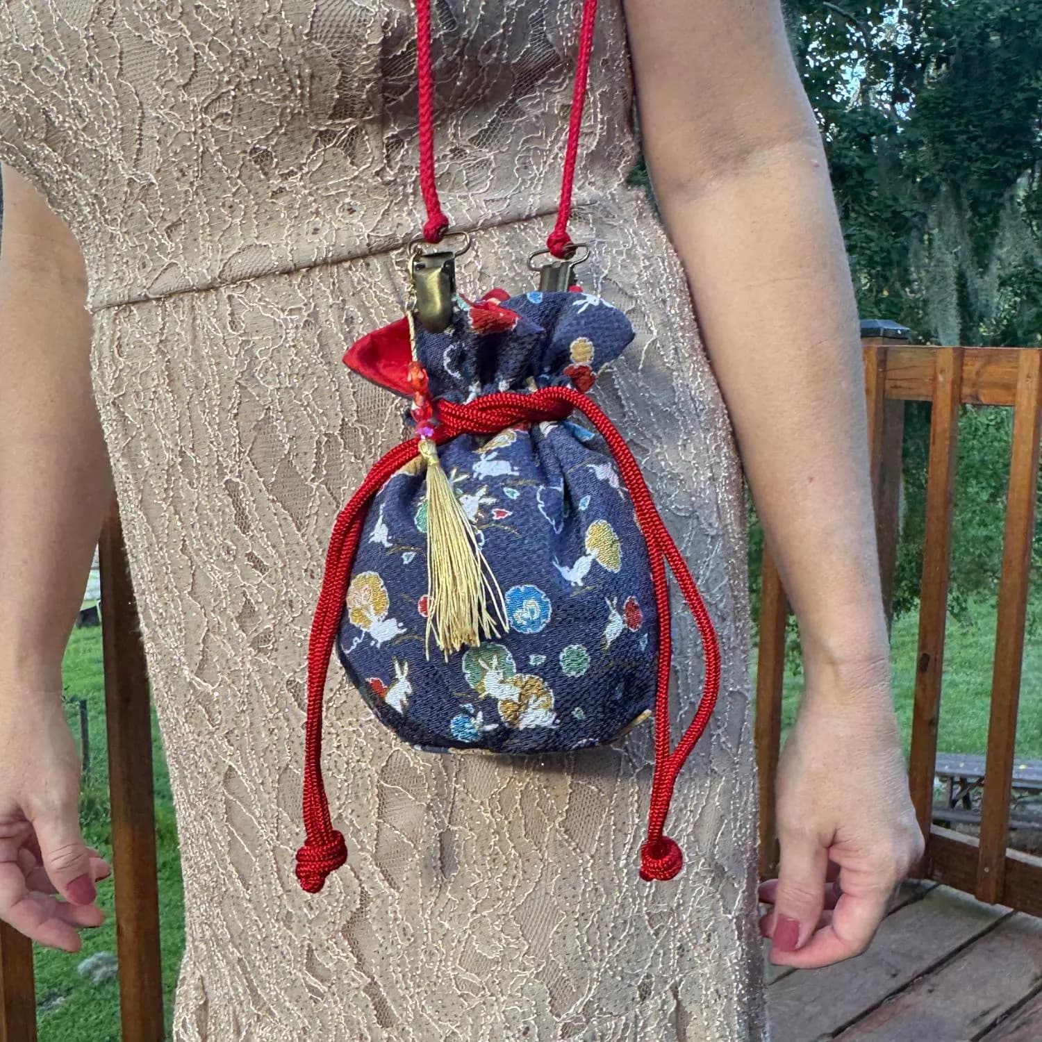 Japanese Kinchaku Purse Red Rabbit Kimono Fabric Kyoto Drawstring