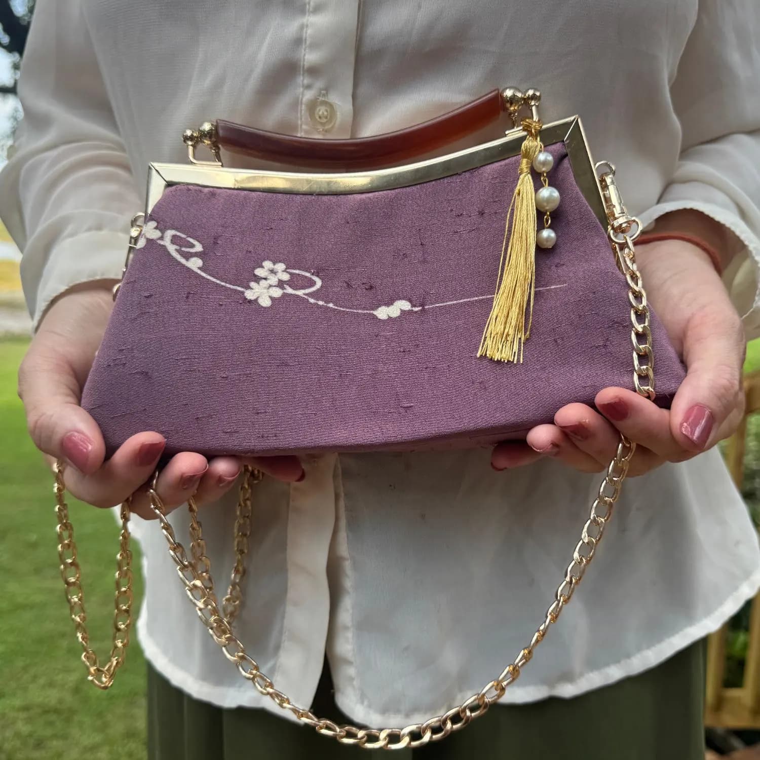 Shiraume Evening Double Kiss Lock Bag Purse Purple Katazome Clutch Japanese Silk OOAK 1/1