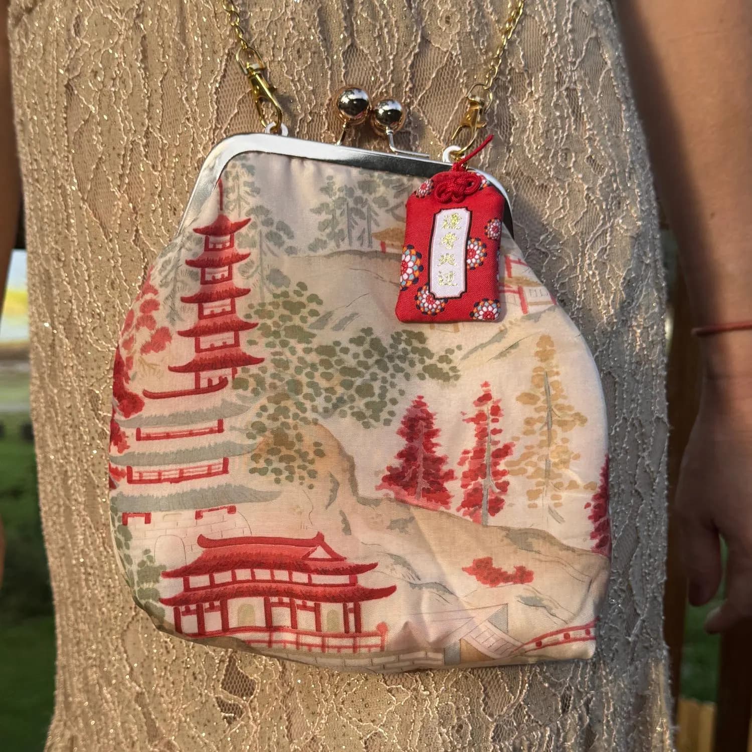 Silk Kimono Clutch Purse, Japanese Pagoda Shrine, Kiss Lock Upcycled