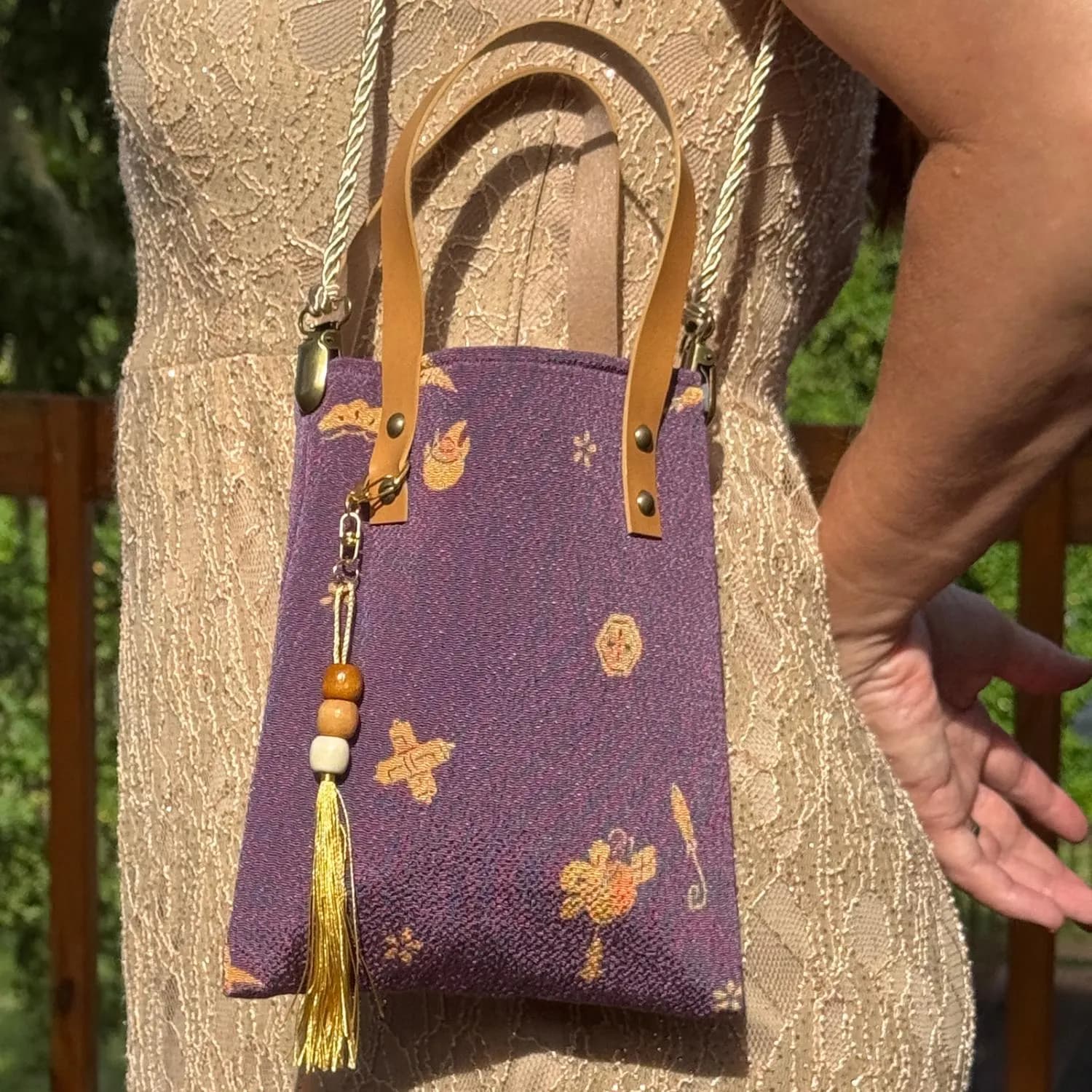 Japanese Tote Bag Purse Chirimen Purple Treasures Crepe Silk Kimono Fabric Kyoto