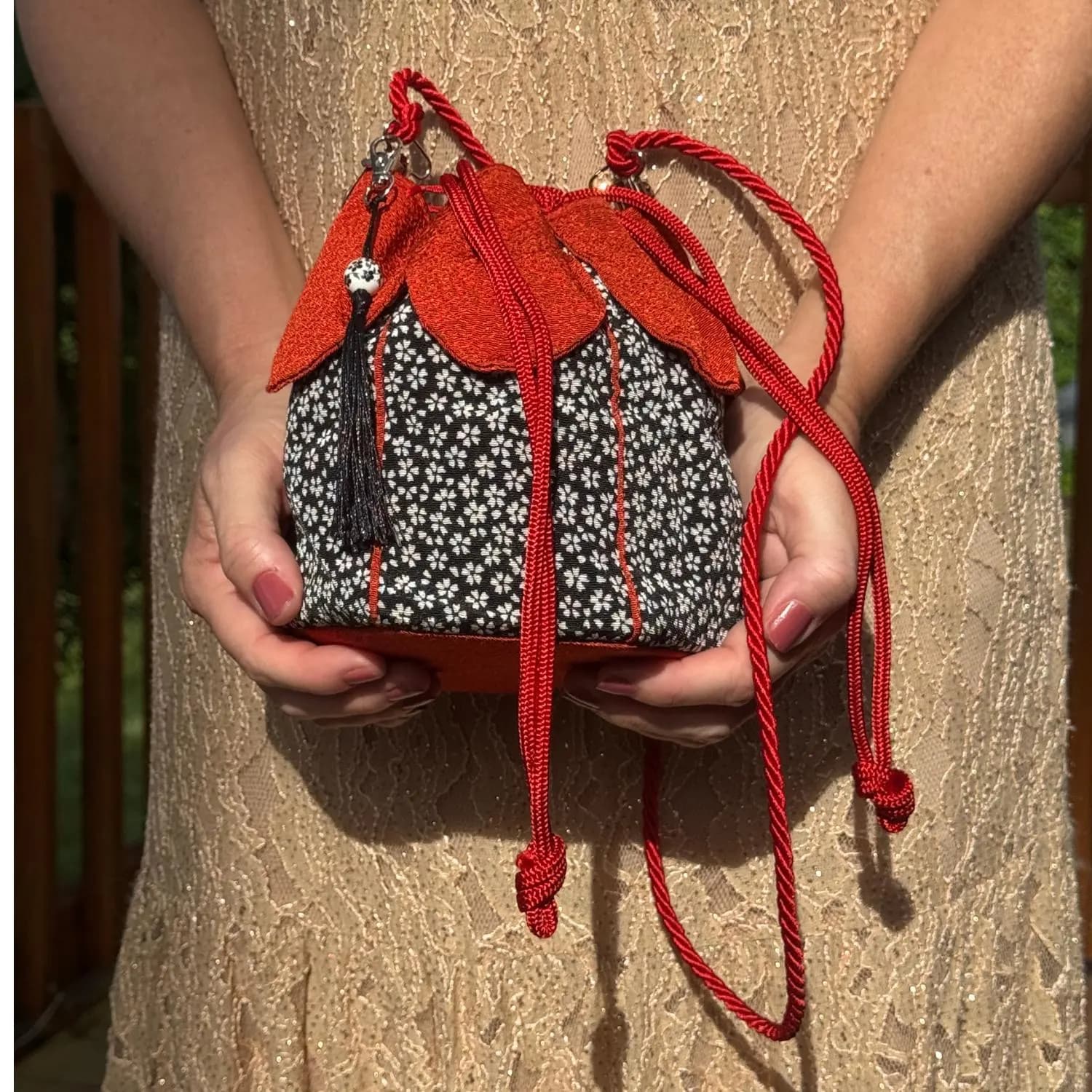 Japanese Kinchaku Purse Black Red Sakura Kimono Fabric Kyoto Drawstring