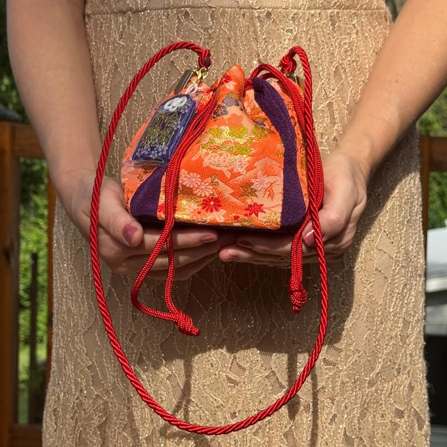 Japanese Kinchaku Purse Kimono Orange Obi Fabric Kyoto Drawstring