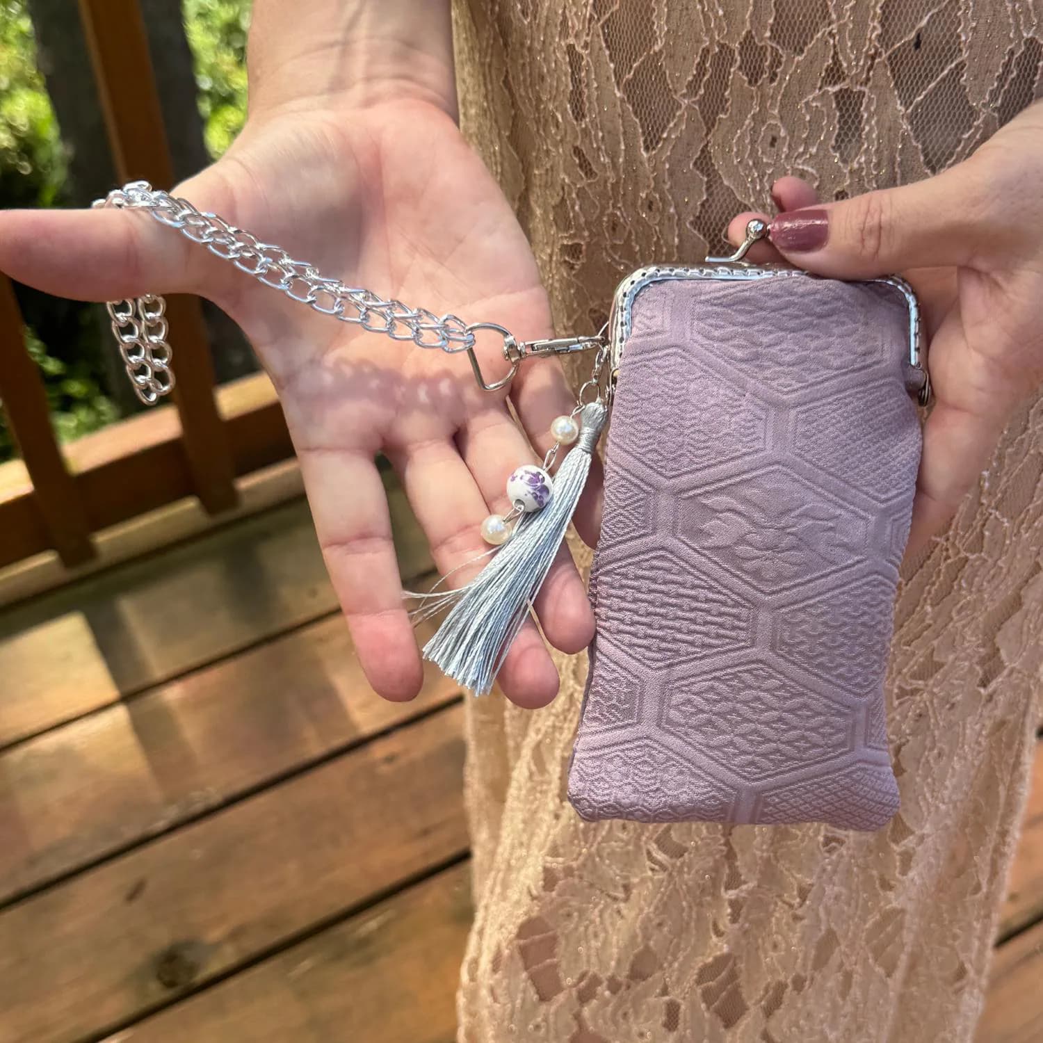 Silk Eyeglass Case Vintage Japanese Purple Rinzu Kimono Silk Glasses Pouch Kiss Lock Case with Wristlet