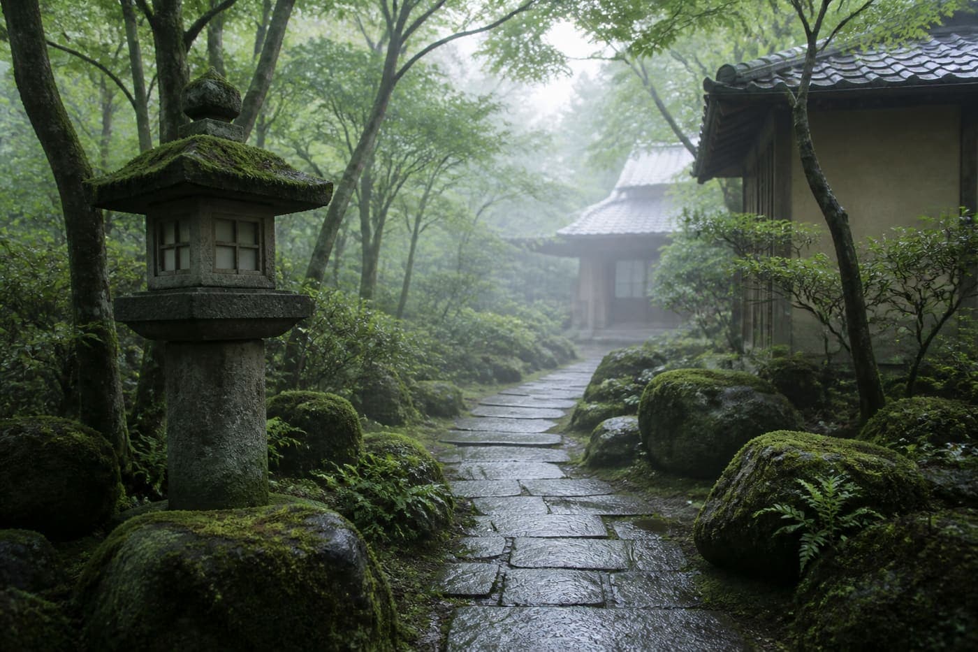 A quiet Kyoto garden path in morning mist