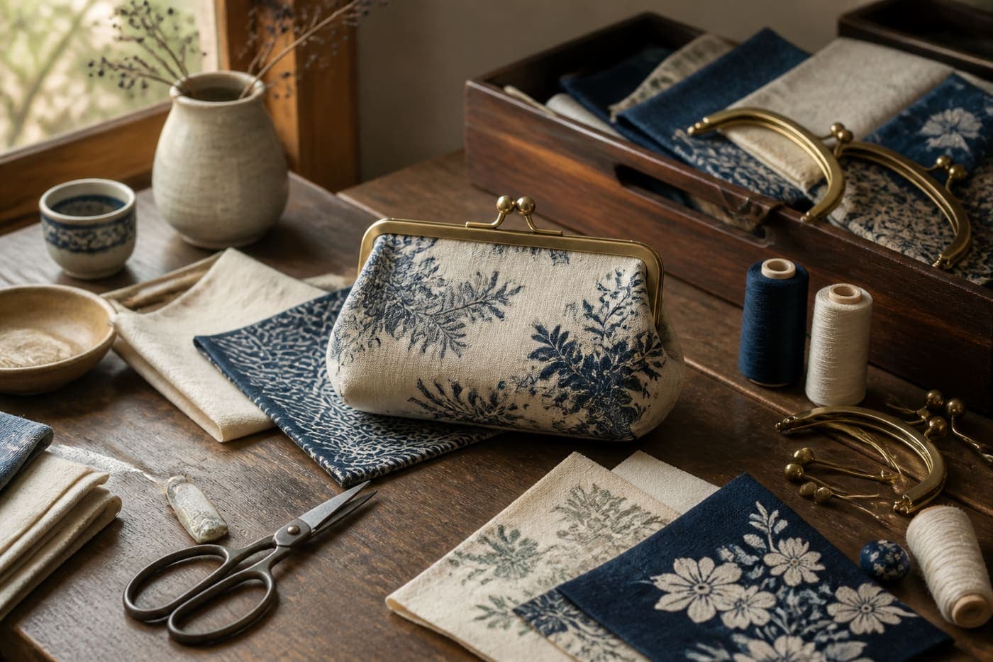 Workshop table with silk, thread, and purse hardware