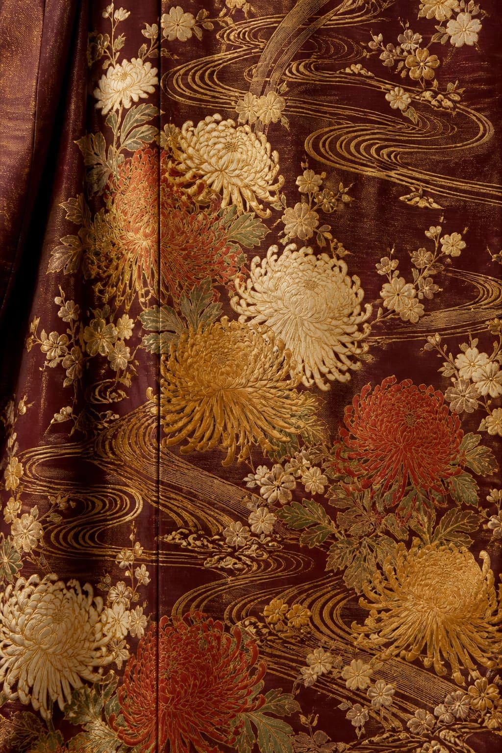 Vintage kimono silk with chrysanthemum motifs